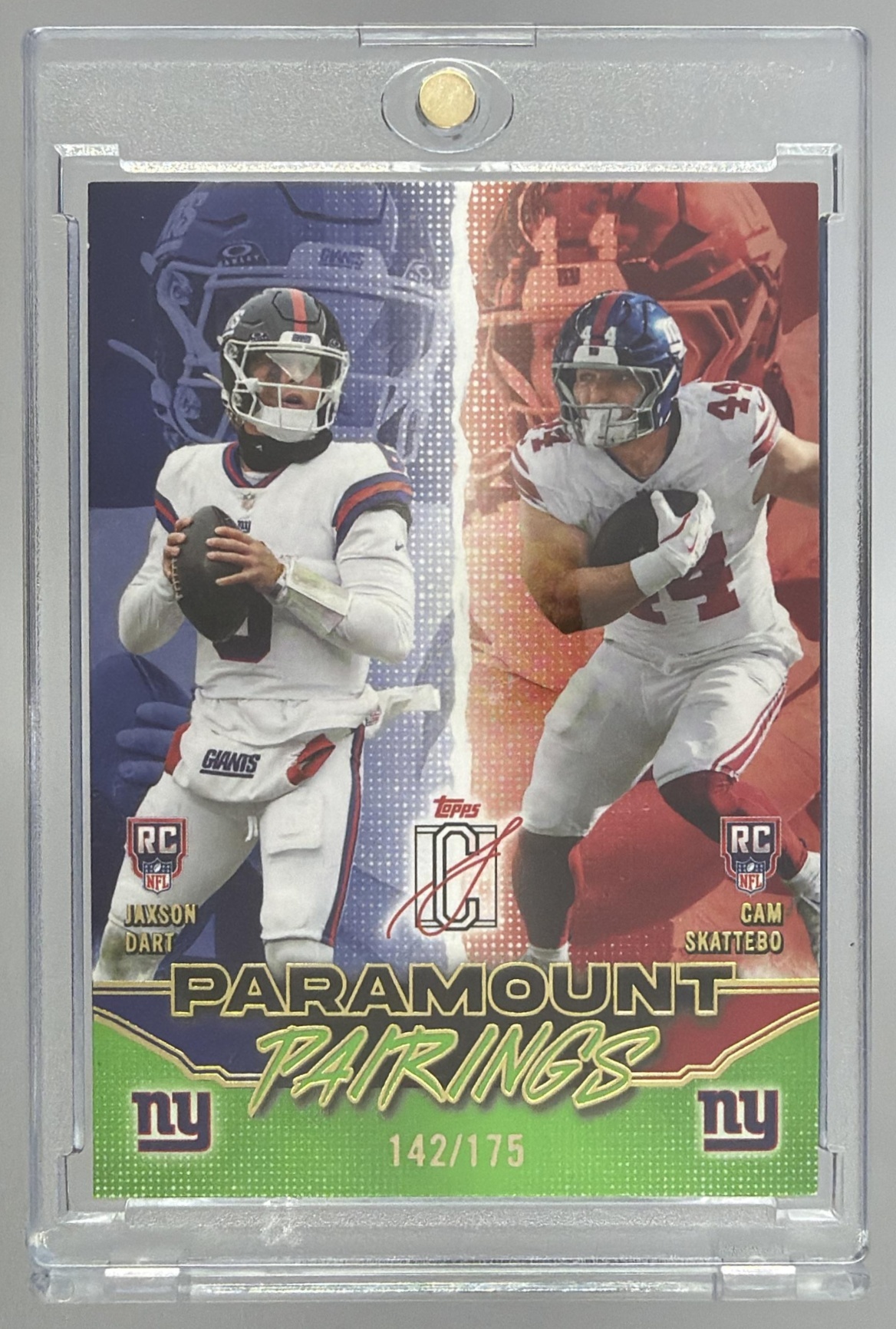 Card image for 2025 Topps Signature Class Cam Skattebo Jaxson Dart Paramount Pairings #PP-2 RC Giants