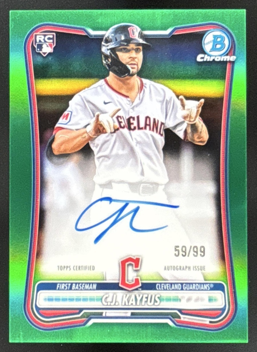 Card image for 2026 Bowman C.J. Kayfus Chrome Auto Green Refractor /99 RC Rookie