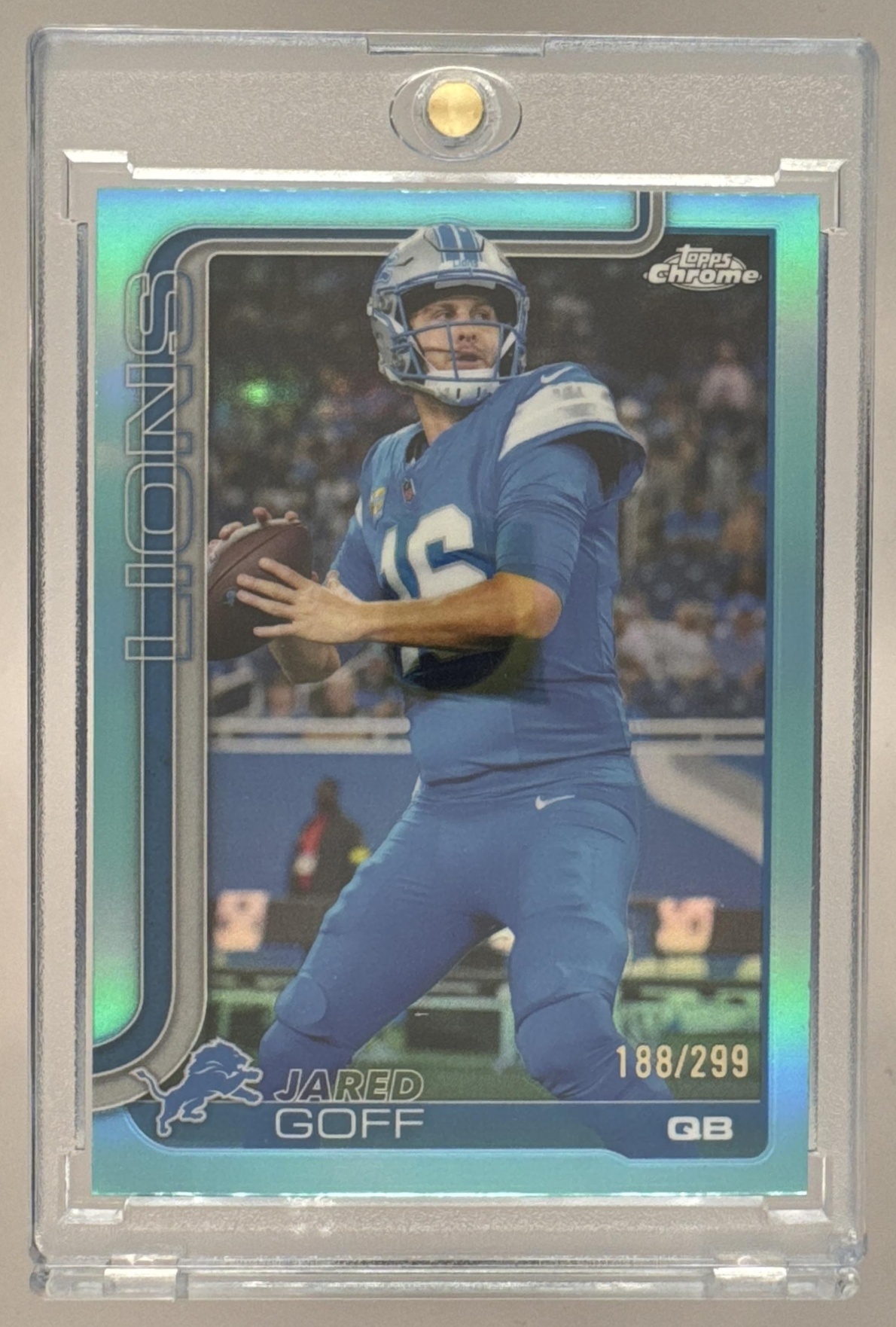 Card image for 2025 Topps Football Chrome Jared Goff Teal Refractor /299 #102 Detroit Lions