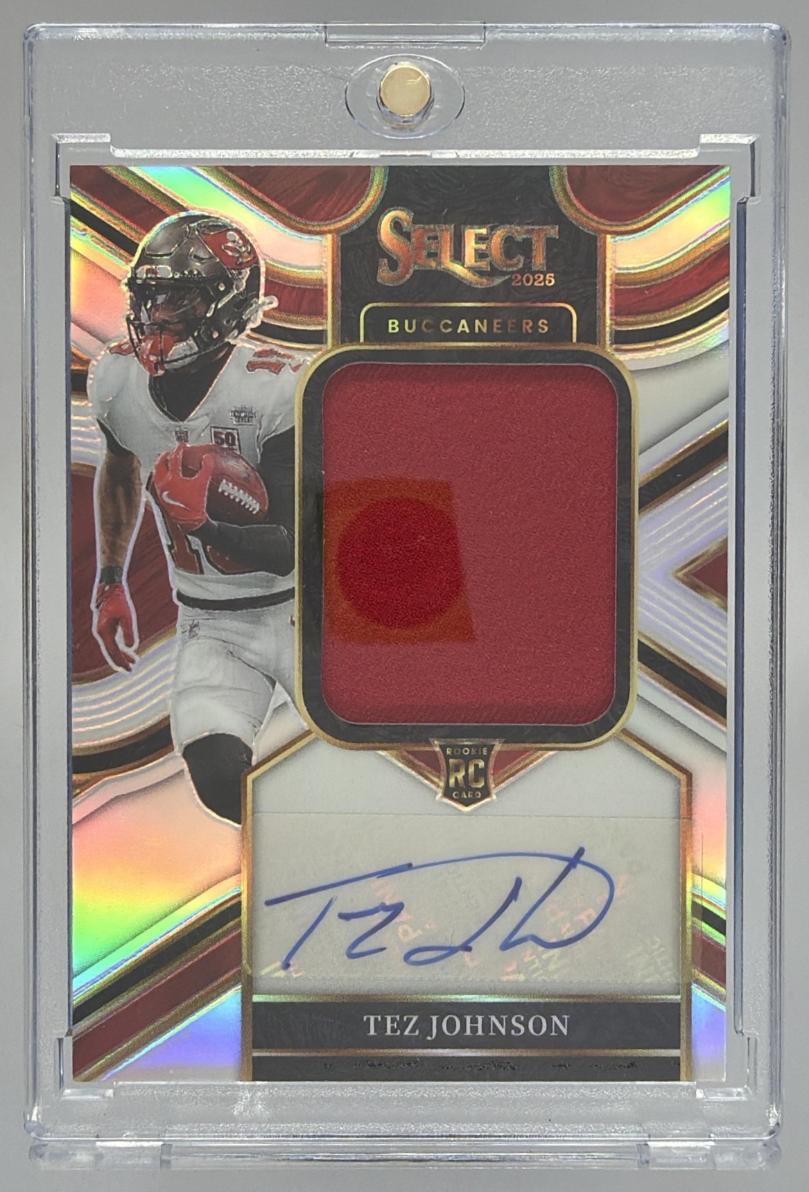 Card image for 2025 Panini Select Tez Johnson Jumbo Rookie Signature Swatch Silver Prizm /249 #JRS-TJN MEM RC Auto Buccaneers