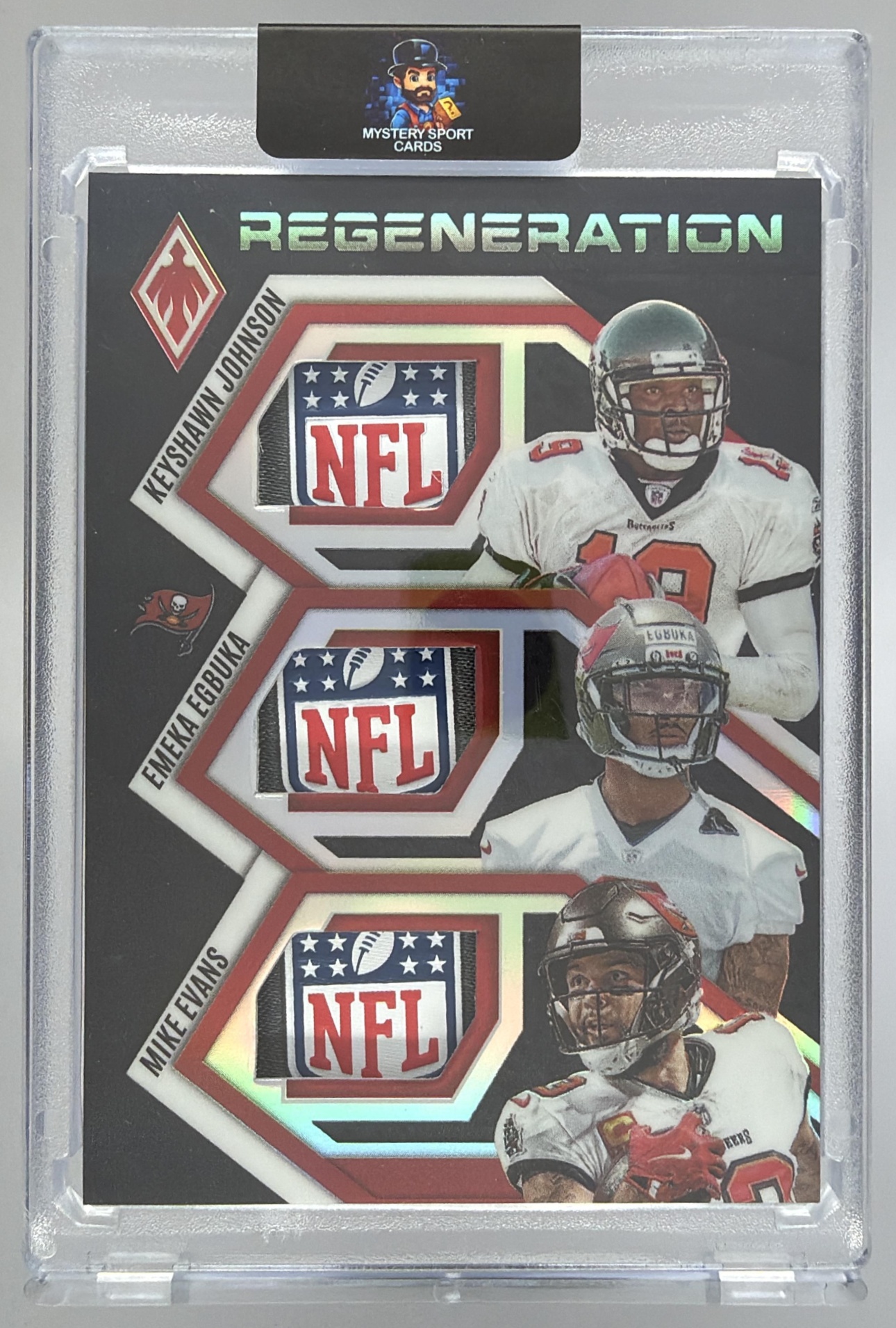 Card image for 2025 Panini Phoenix Keyshawn Johnson Emeka Egbuka Mike Evans Regeneration Red Prizm /249 #RGN-TBB MEM RC Buccaneers