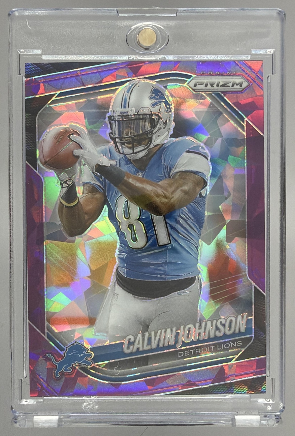 Card image for 2025 Panini Football Prizm Calvin Johnson Purple Ice /225 #111 Detroit Lions