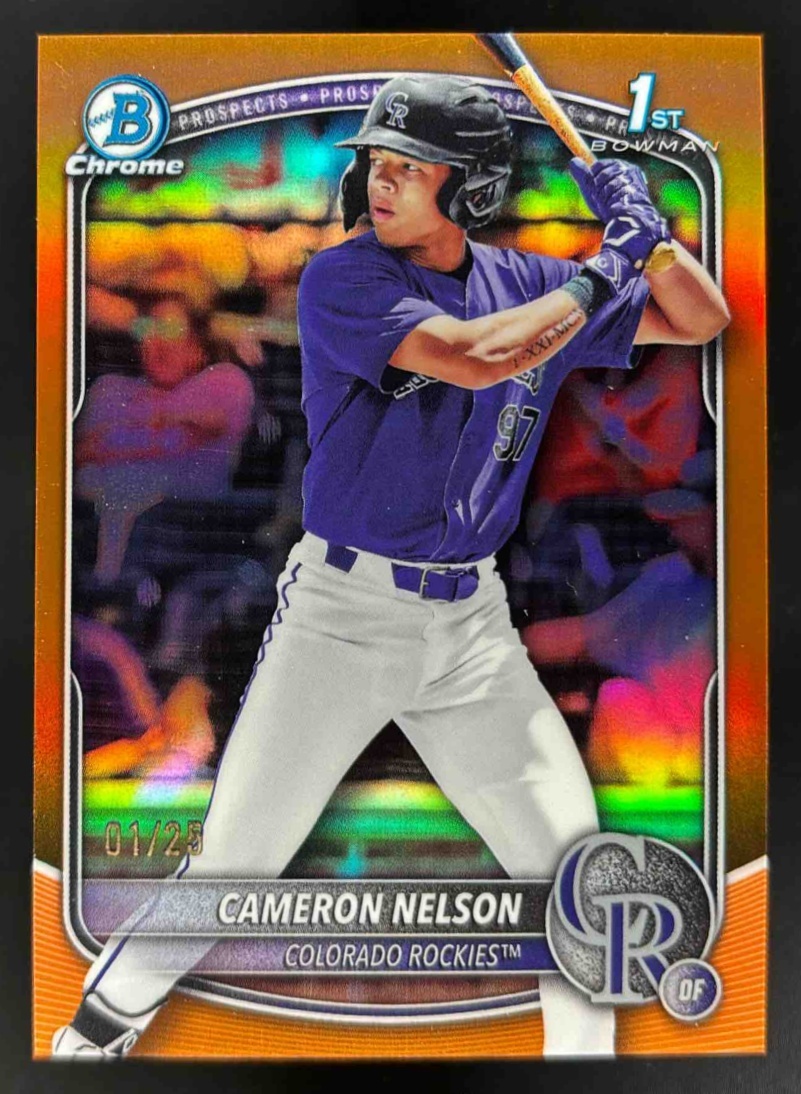 Card image for 2025 Bowman Draft Cameron Nelson Chrome Orange Refractor /25 #BDC-130 Rockies