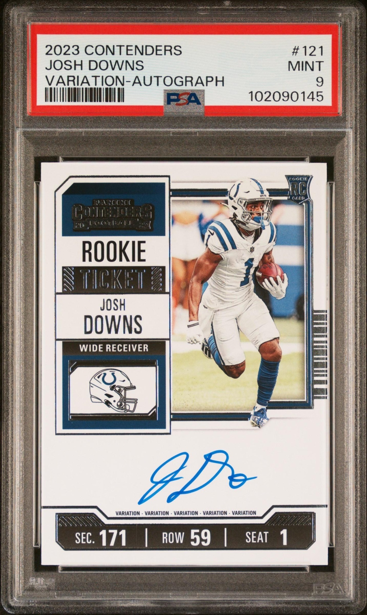 Card image for 2023 Panini Contenders Josh Downs Divisional Ticket /99 #121b Auto RC Colts