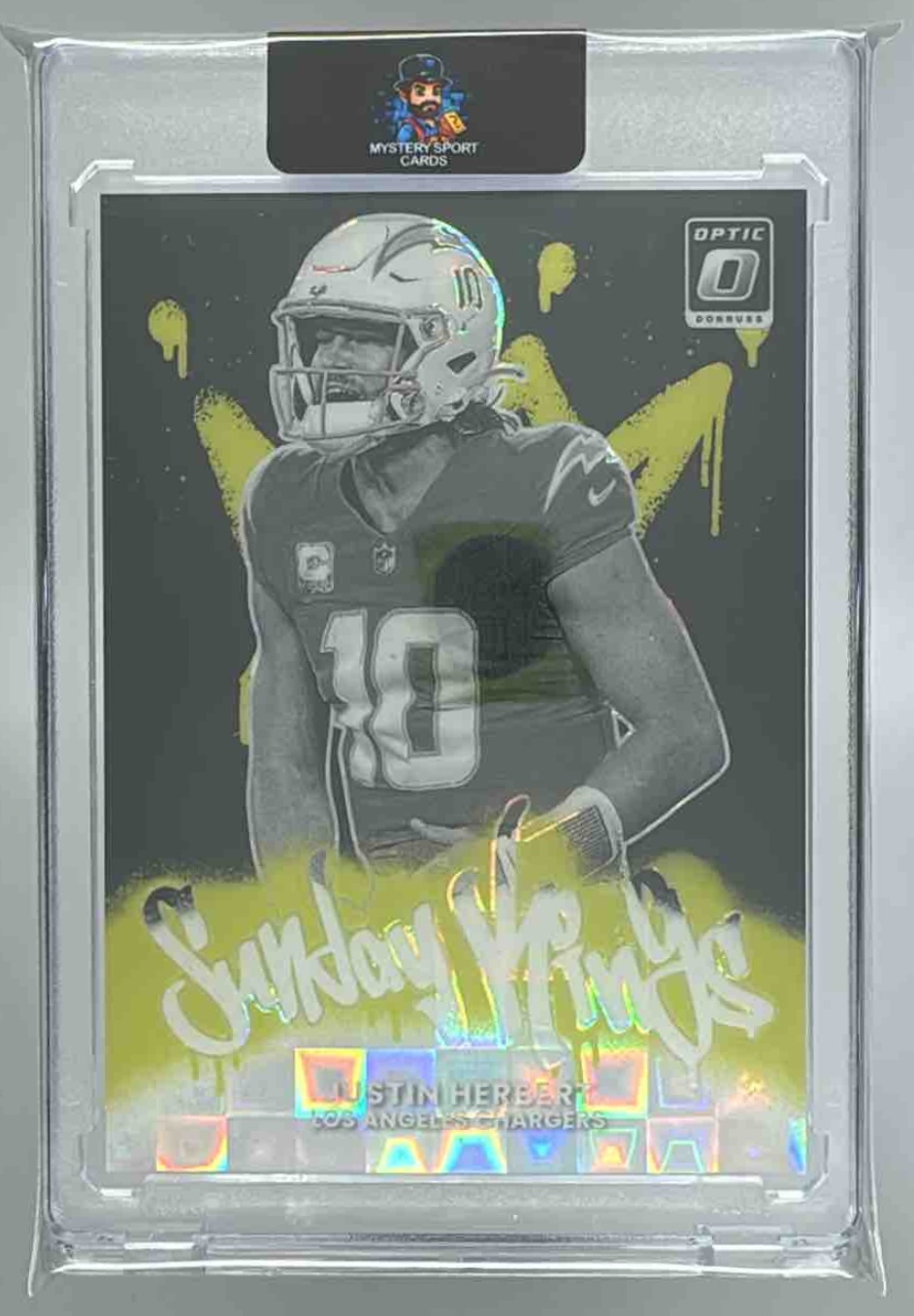 Card image for 2025 Panini Donruss Optic Justin Herbert Sunday Kings Black Pandora Prizm /25 #3 Chargers