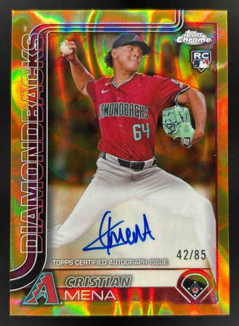 Card image for 2025 Topps Chrome Update Cristian Mena Lava Lamp Auto Gold/Orange Refractor /85