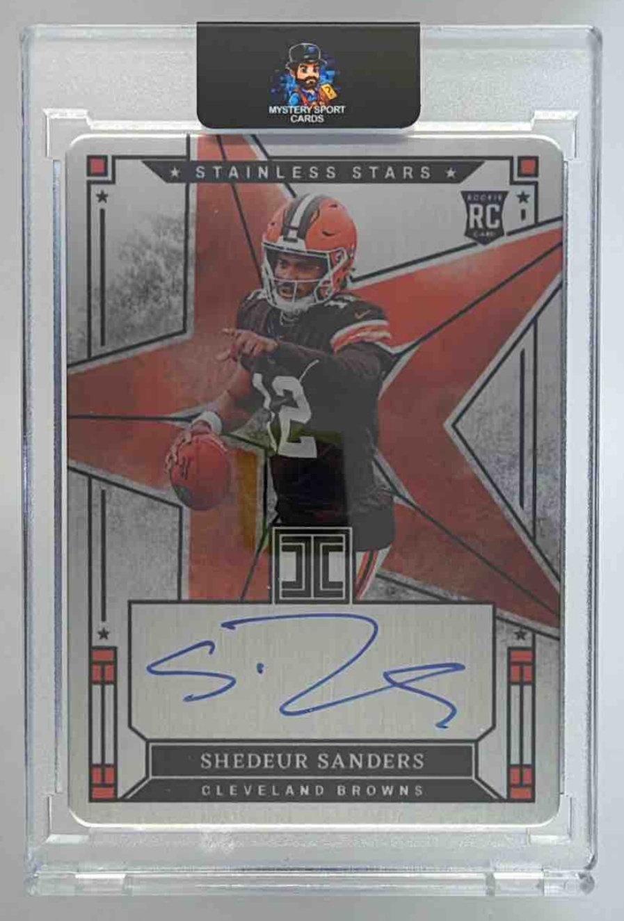 Card image for 2025 Panini Impeccable Shedeur Sanders Stainless Stars Auto /99 #SS-SSS RC