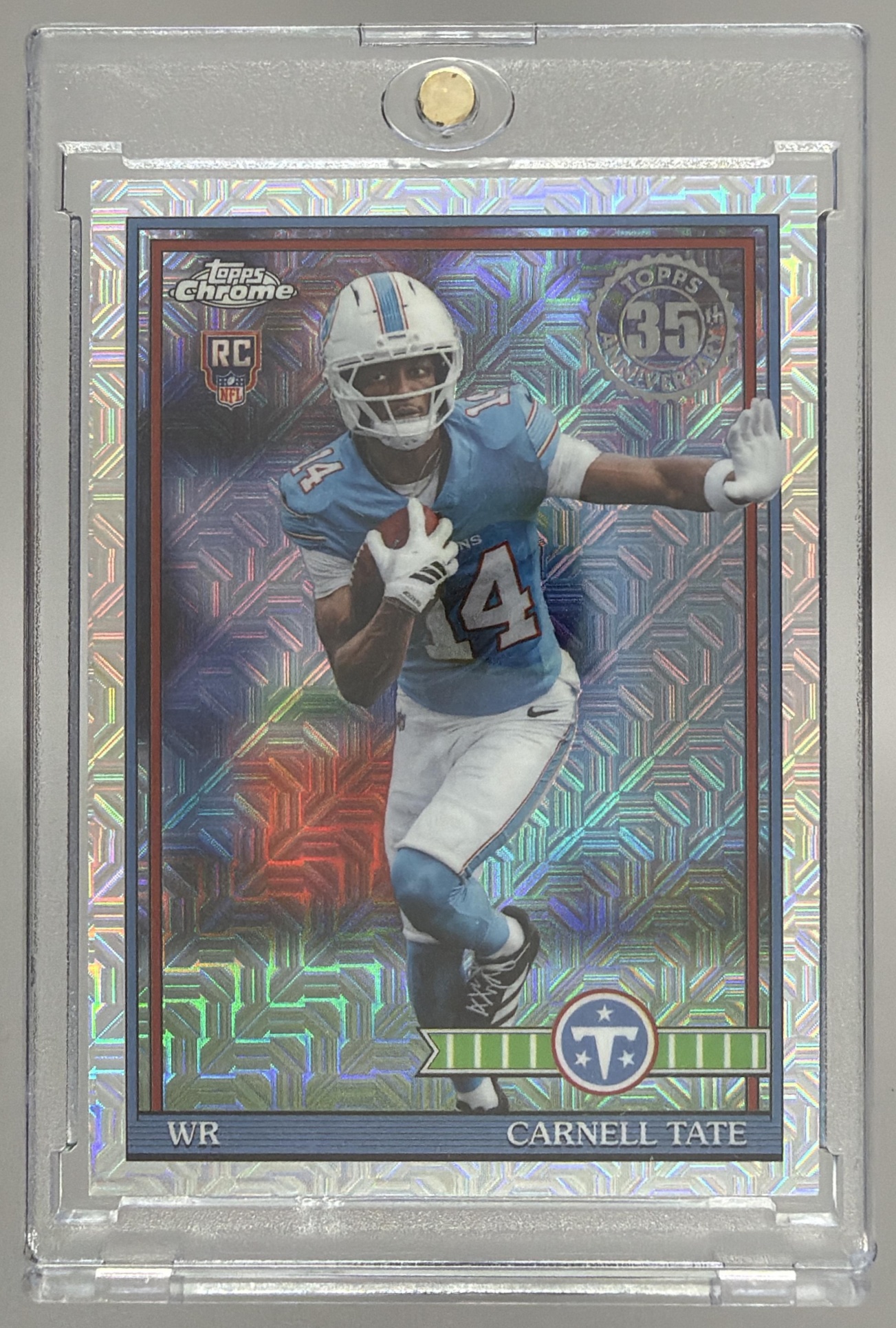 Card image for 2026 Topps Carnell Tate 1991 Chrome Rookie Mojo Refractor #91TRC-18 RC Titans