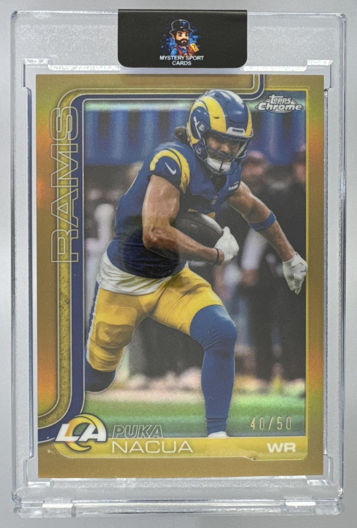 Card image for 2025 Topps Chrome Puka Nacua Gold Geometric Refractor /50 #166 Rams