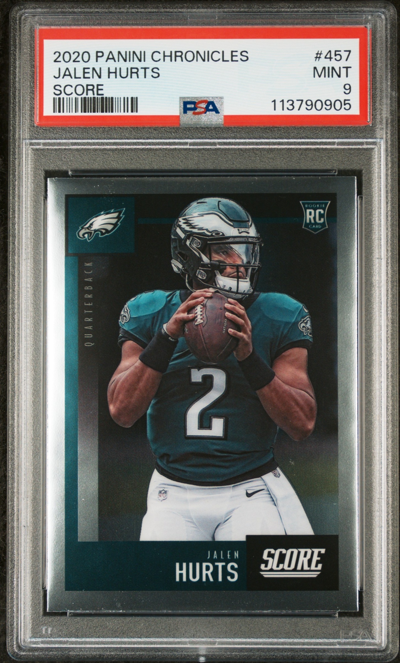 Card image for 2020 Panini Chronicles Jalen Hurts Score Update Rookies #457 RC Eagles