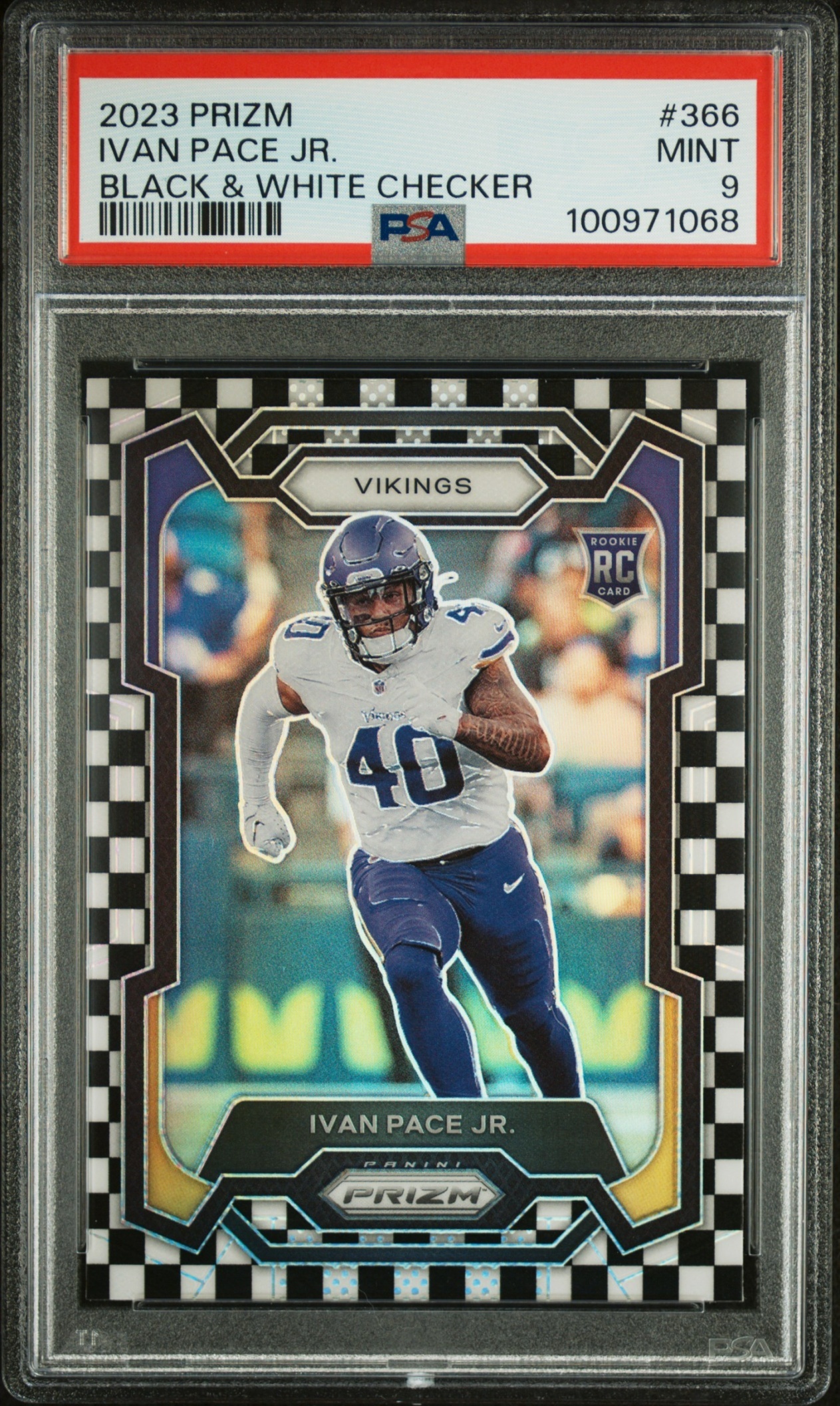 Card image for 2023 Panini Prizm Ivan Pace Jr. Black and White Checker #366 RC Vikings