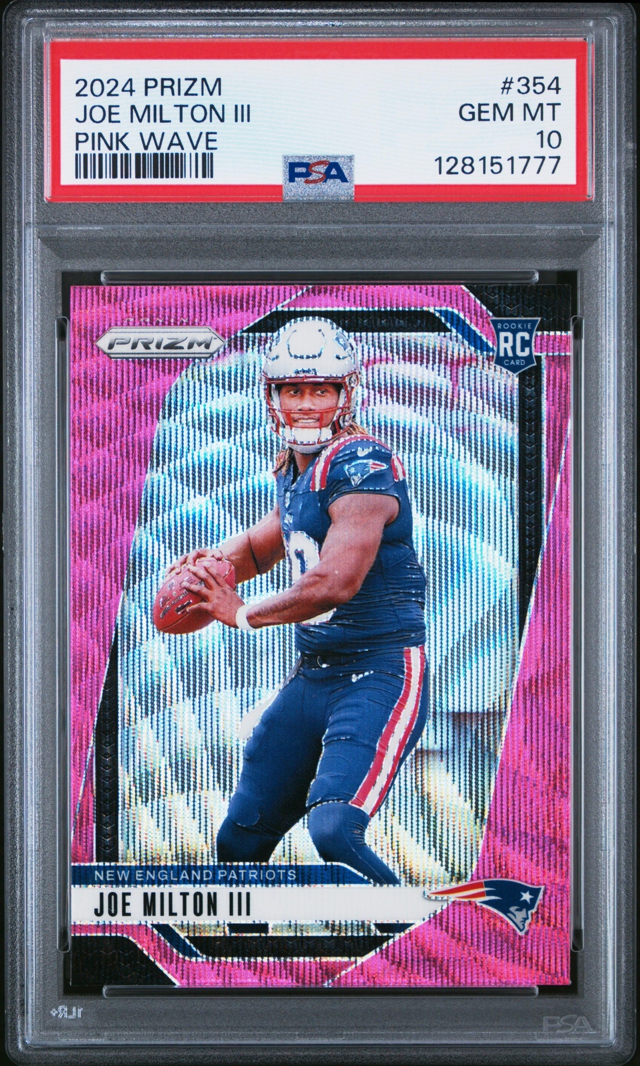 Card image for 2024 Panini Football Prizm Joe Milton III Pink Wave #354 RC New England Patriots