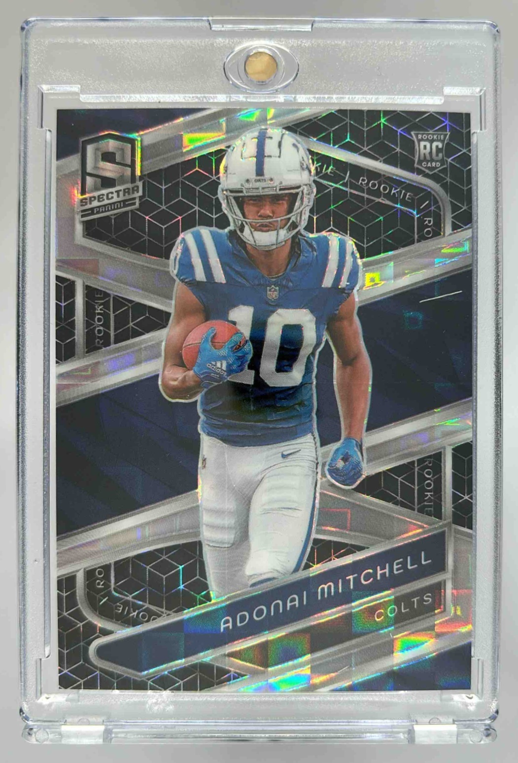 Card image for 2024 Panini Spectra Adonai Mitchell Rookies Neon Green Die-Cut /30 #130 RC Colts