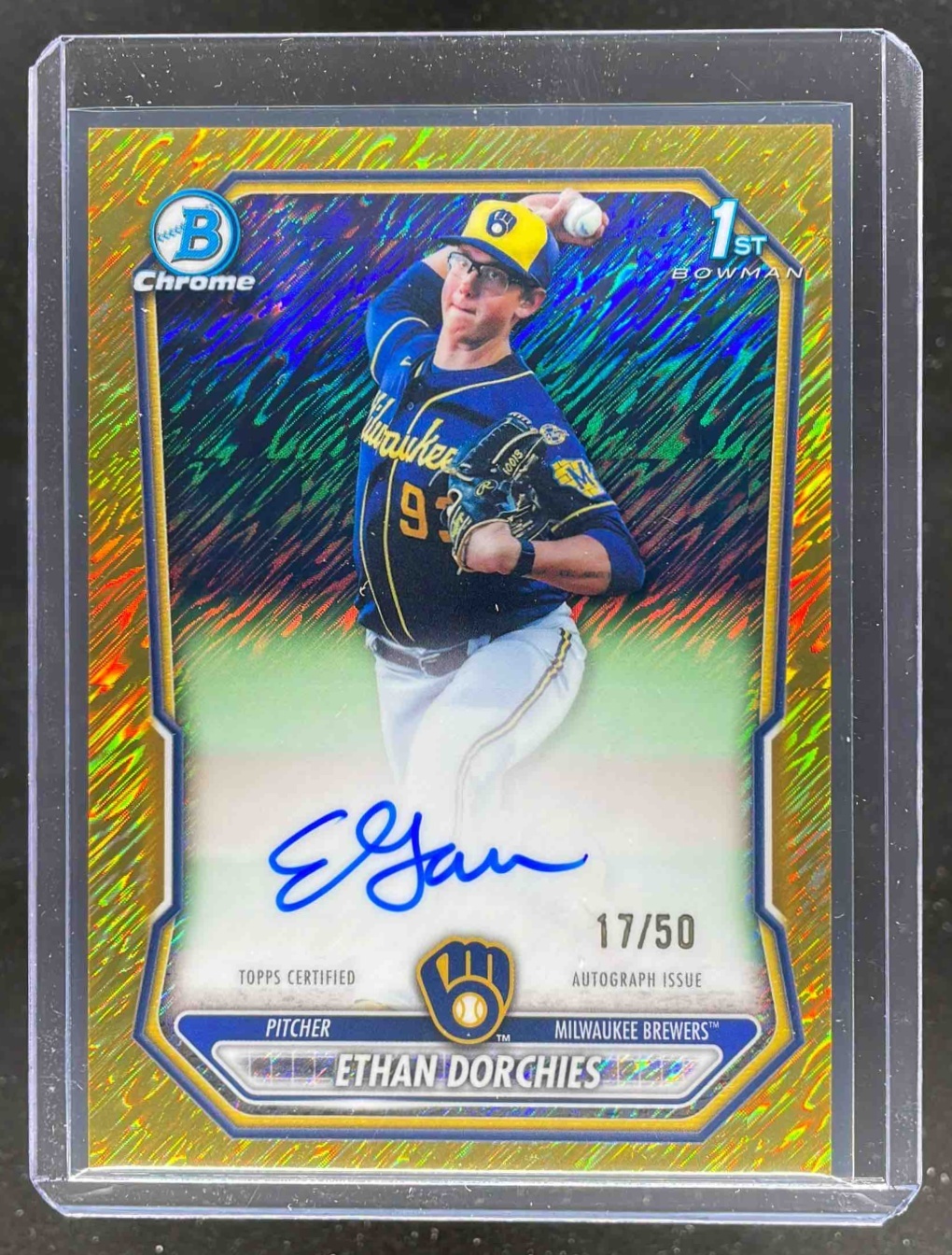 Card image for 2026 Bowman Ethan Dorchies Chrome Auto Gold Shimmer Refractor /50 #CPA-EDO 1st Prospect