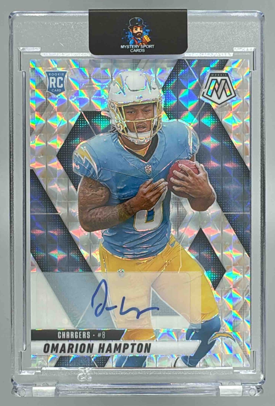 Card image for 2025 Panini Mosaic Omarion Hampton Rookie Auto #335 RC Chargers