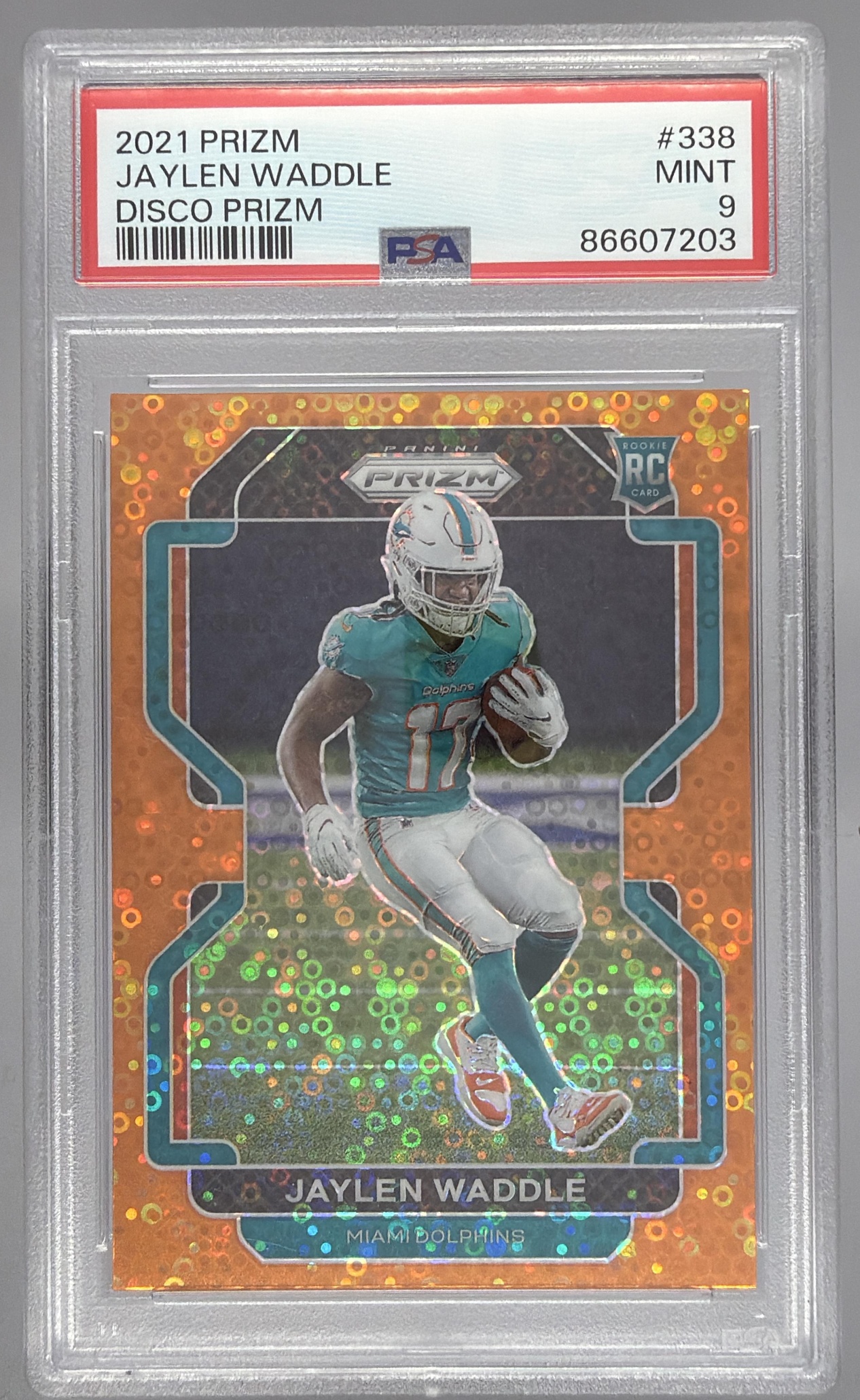 Card image for 2021 Panini Football Prizm Jaylen Waddle Disco #338 RC Miami Dolphins PSA 9