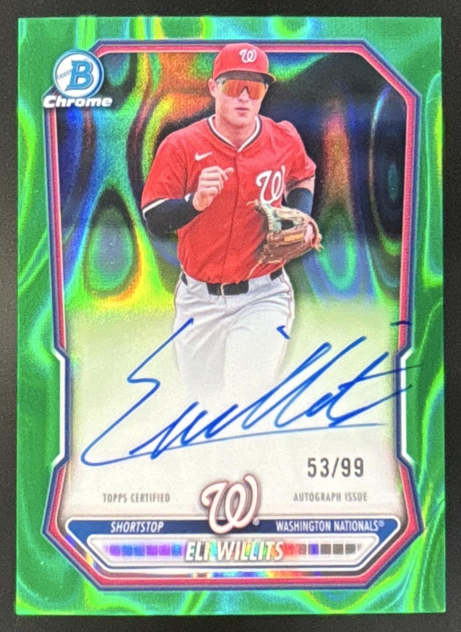 Card image for 2026 Bowman Eli Willits Chrome Prospect Auto Green Lava Refractor /99