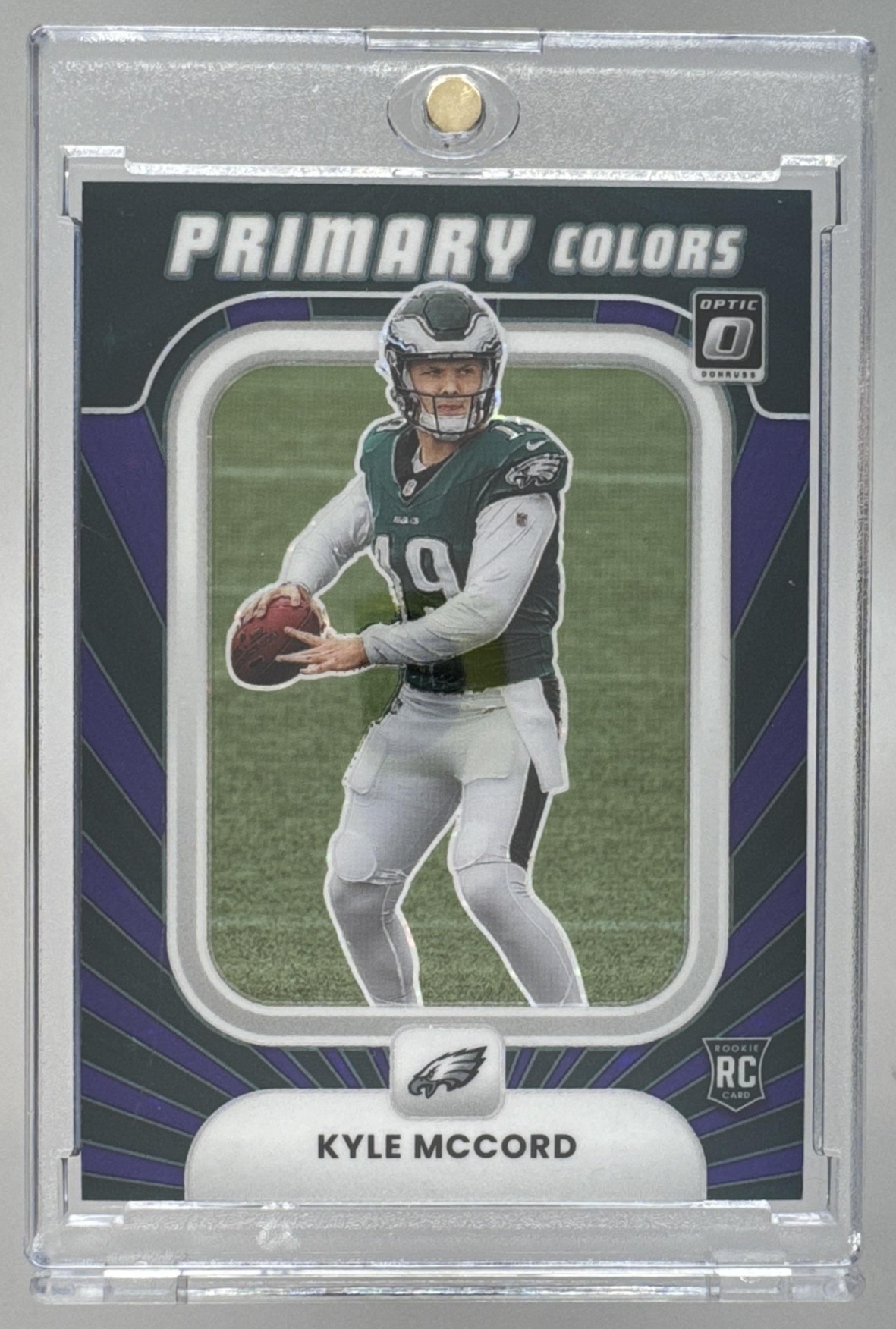 Card image for 2025 Panini Donruss Optic Kyle McCord Rookie Primary Colors Purple Stars Prizm /25 #18 RC Eagles