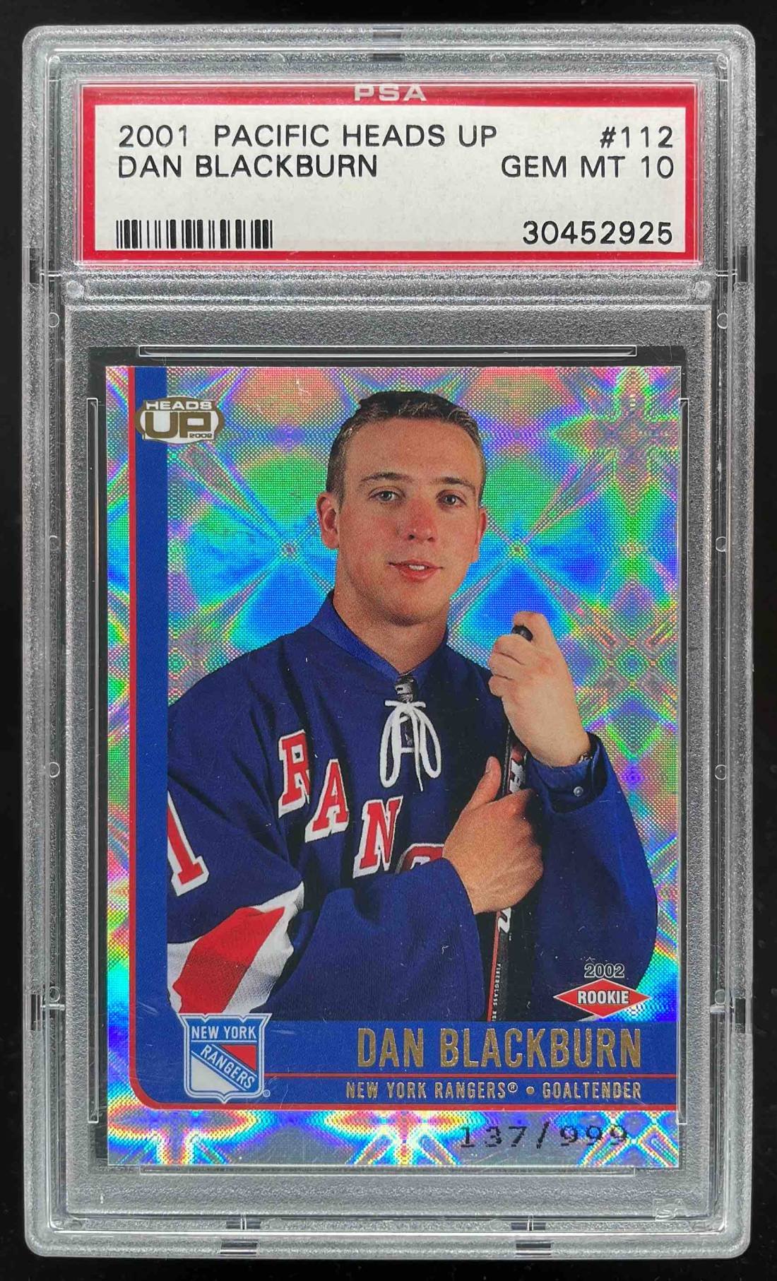 Card image for 2001-02 PACIFIC HEADS UP DAN BLACKBURN /999 #112 RC PSA 10 GEM MINT POP 1