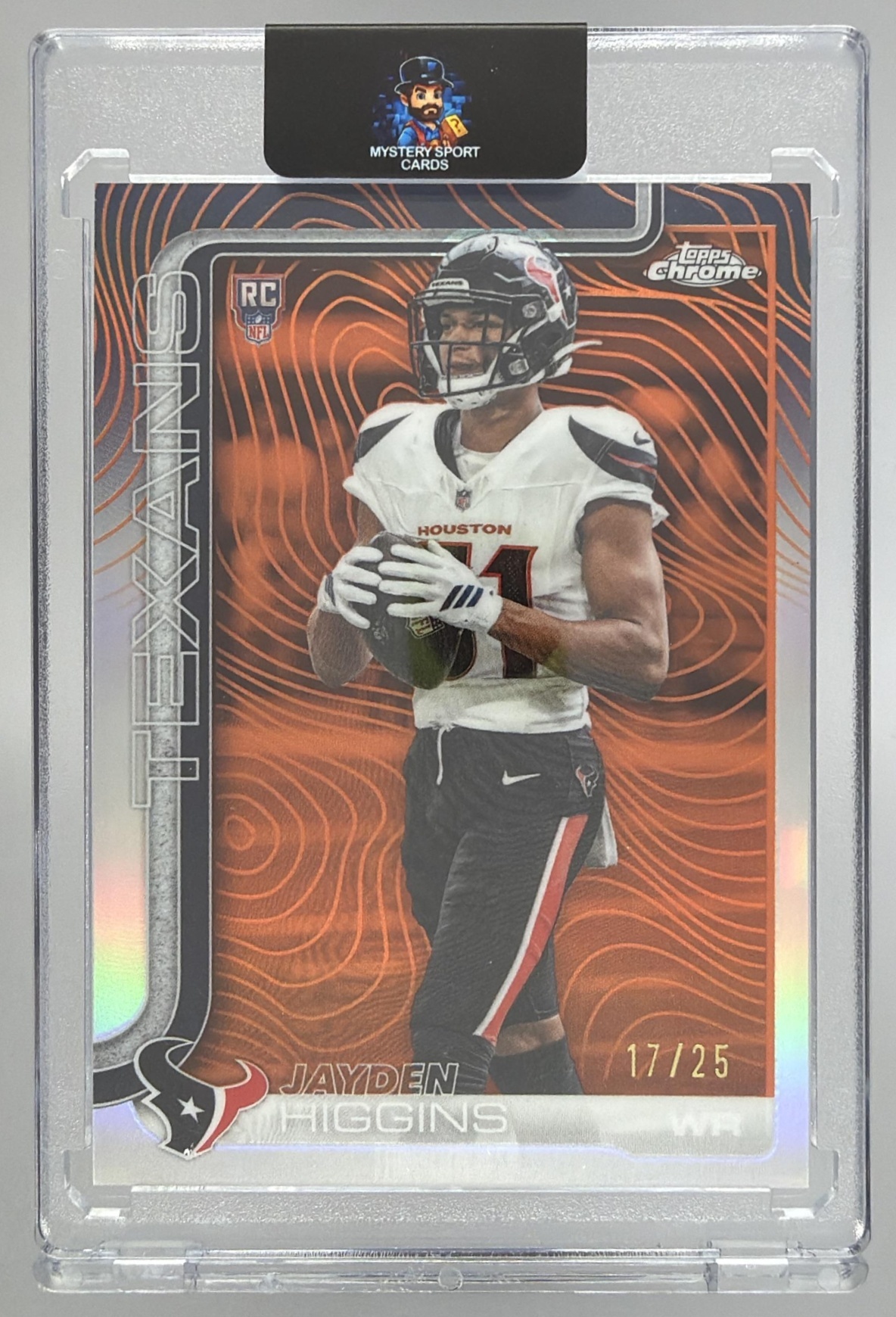 Card image for 2025 Topps Chrome Jayden Higgins Rookie Etch Variation Orange Refractor /25 #343 RC SSP Texans