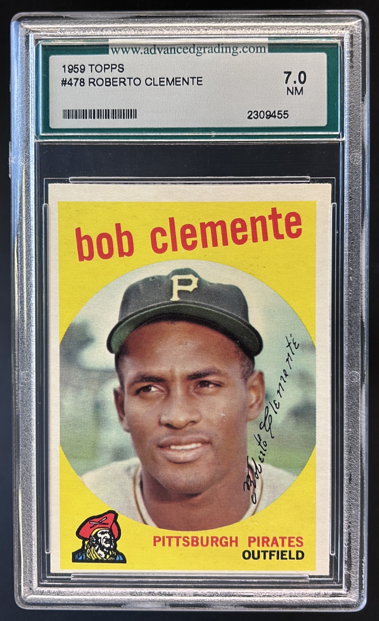Card image for 1959 TOPPS BOB CLEMENTE #478 AGS 7 NEAR MINT NM SHARP AND CLEAN PITTSBURGH PIRATES