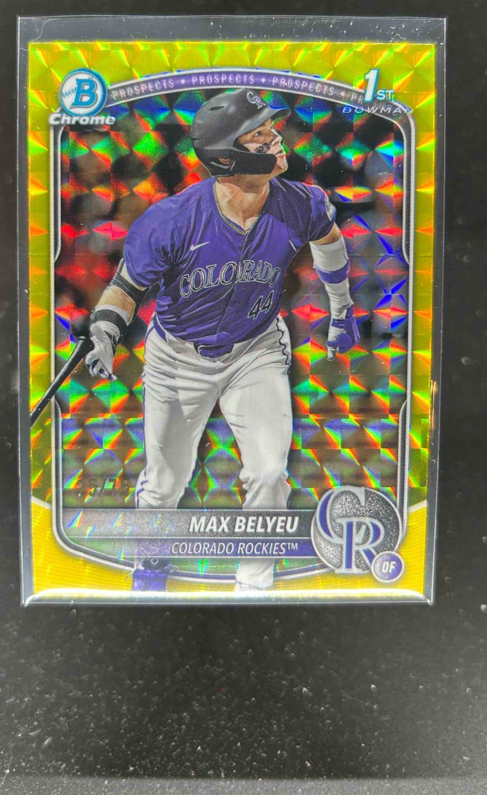 Card image for Max Belyeu 2025 Bowman Baseball Draft Chrome Yellow Geometric Colorado Rockies