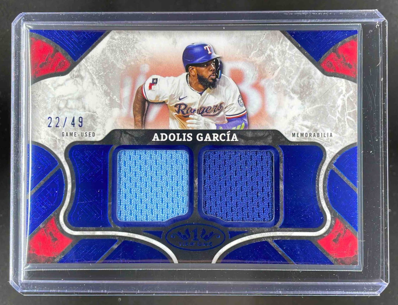 Card image for Adolis Garcia 2025 Topps Tier One Relics Dual Blue Foil #T1R-AG MEM Texas Rangers /49