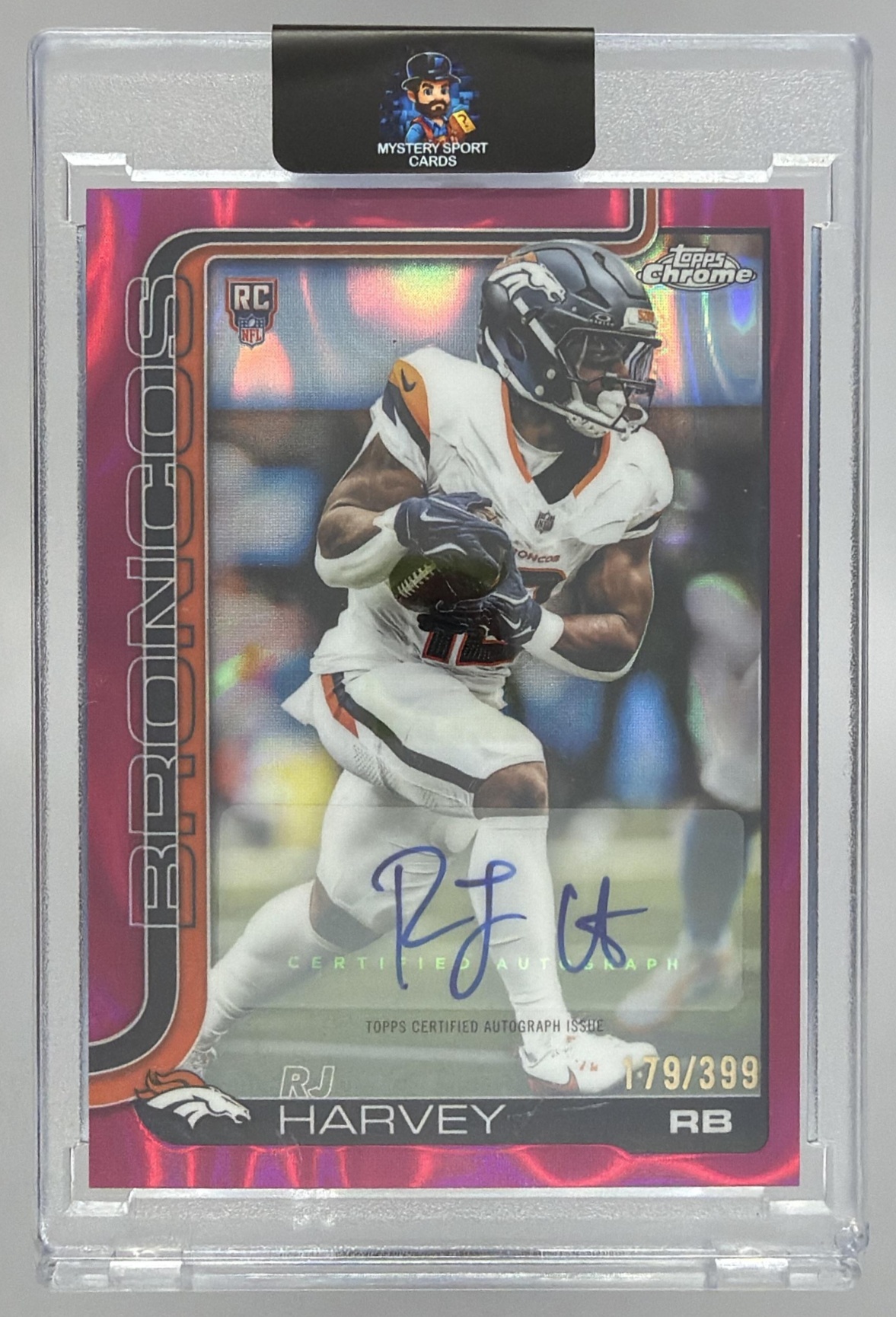 Card image for 2025 Topps Chrome RJ Harvey Rookie Auto Magenta Lava Refractor /399 #RA-RH RC Broncos