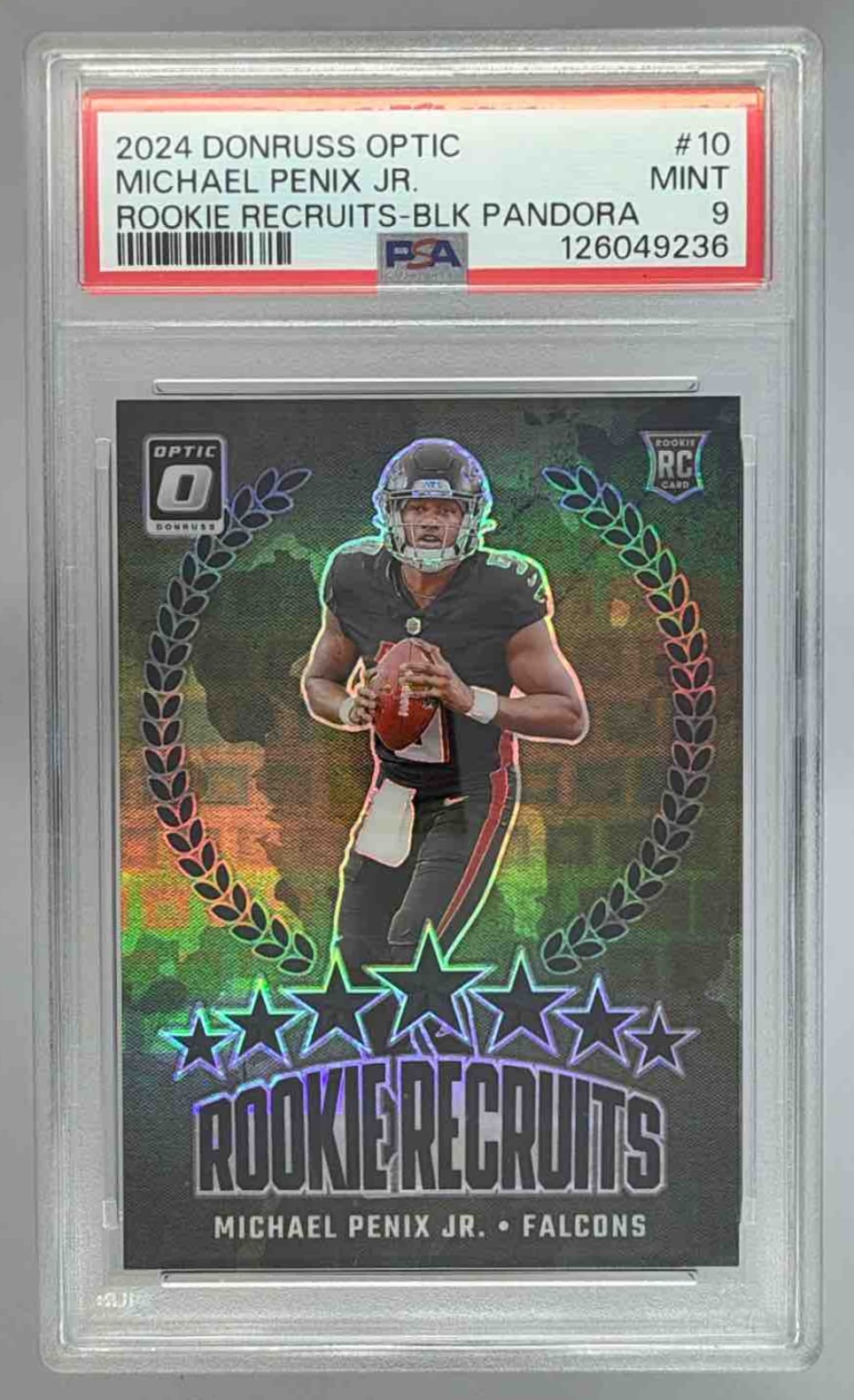 Card image for 2024 Panini Donruss Optic Michael Penix Jr. Rookie Recruits Black Pandora /25 #10 RC Falcons