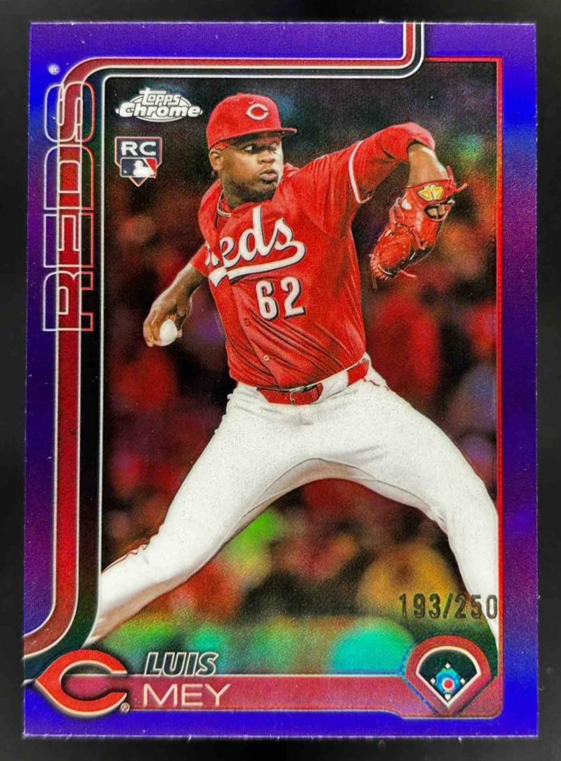 Card image for 2025 Topps Chrome Update Luis Mey Purple Refractor /250 #USC140 RC Reds