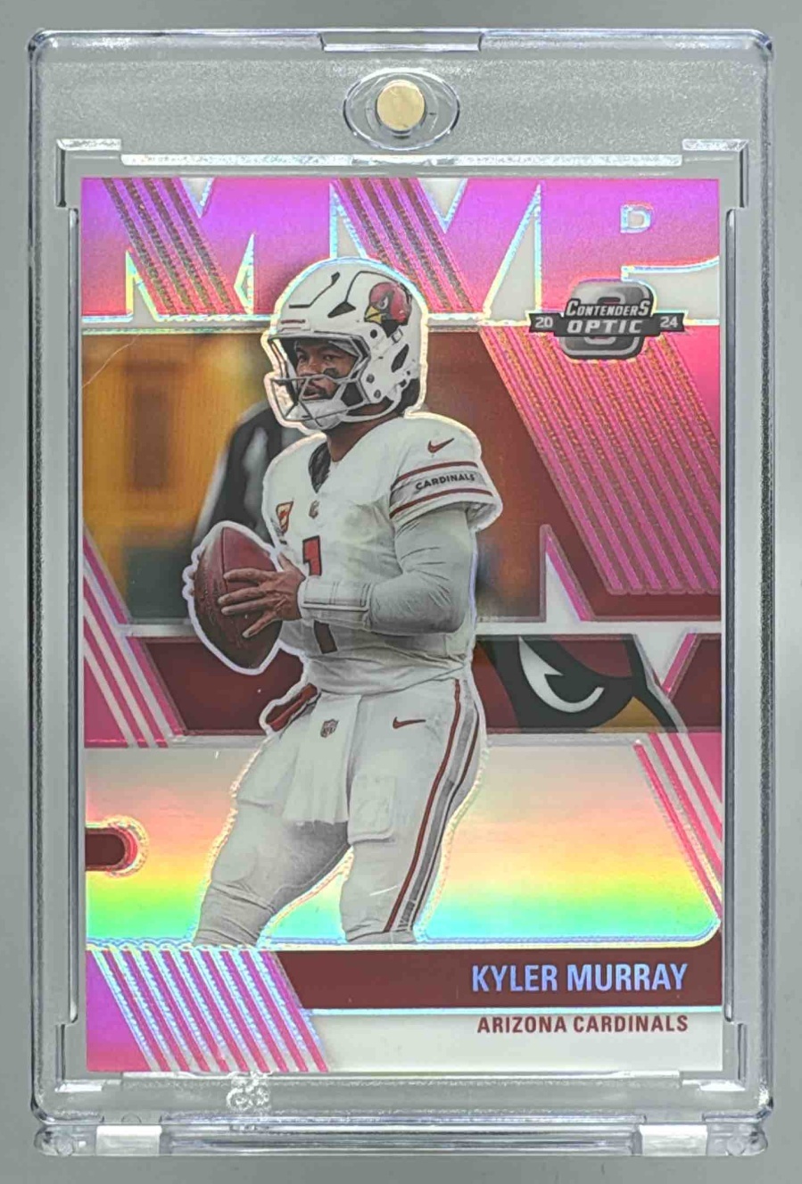 Card image for 2024 Panini Contenders Optic Kyler Murray MVP Pink Prizm /75 #MVP-KMY Cardinals