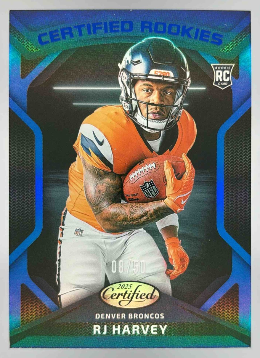 Card image for 2025 Panini Certified RJ Harvey Rookies Mirror Blue /50 #CRK-RHY Broncos