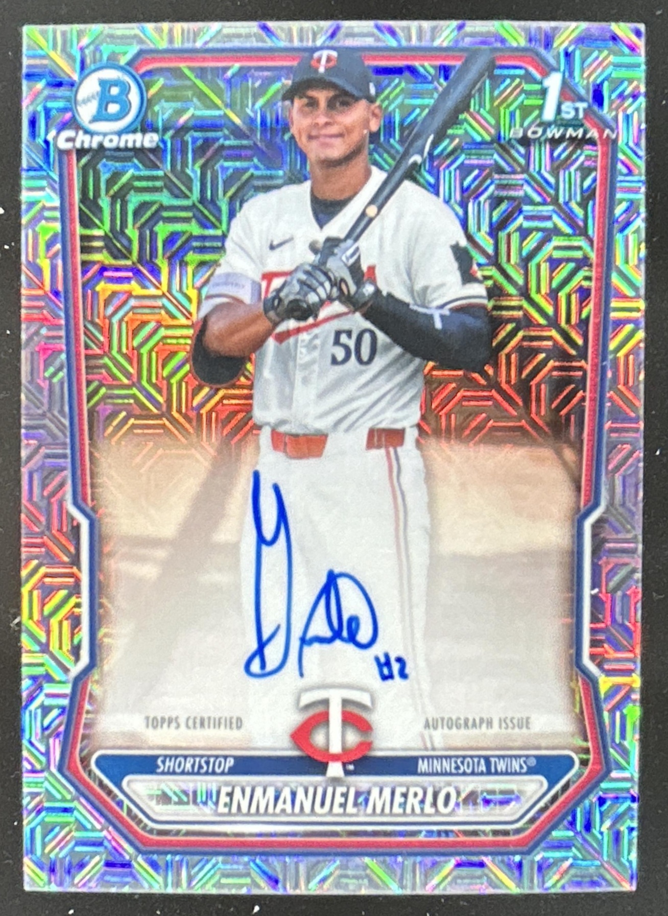 Card image for Enmanuel Merlo 2026 Bowman Chrome Mega Box Prospects Auto Mojo Refractor