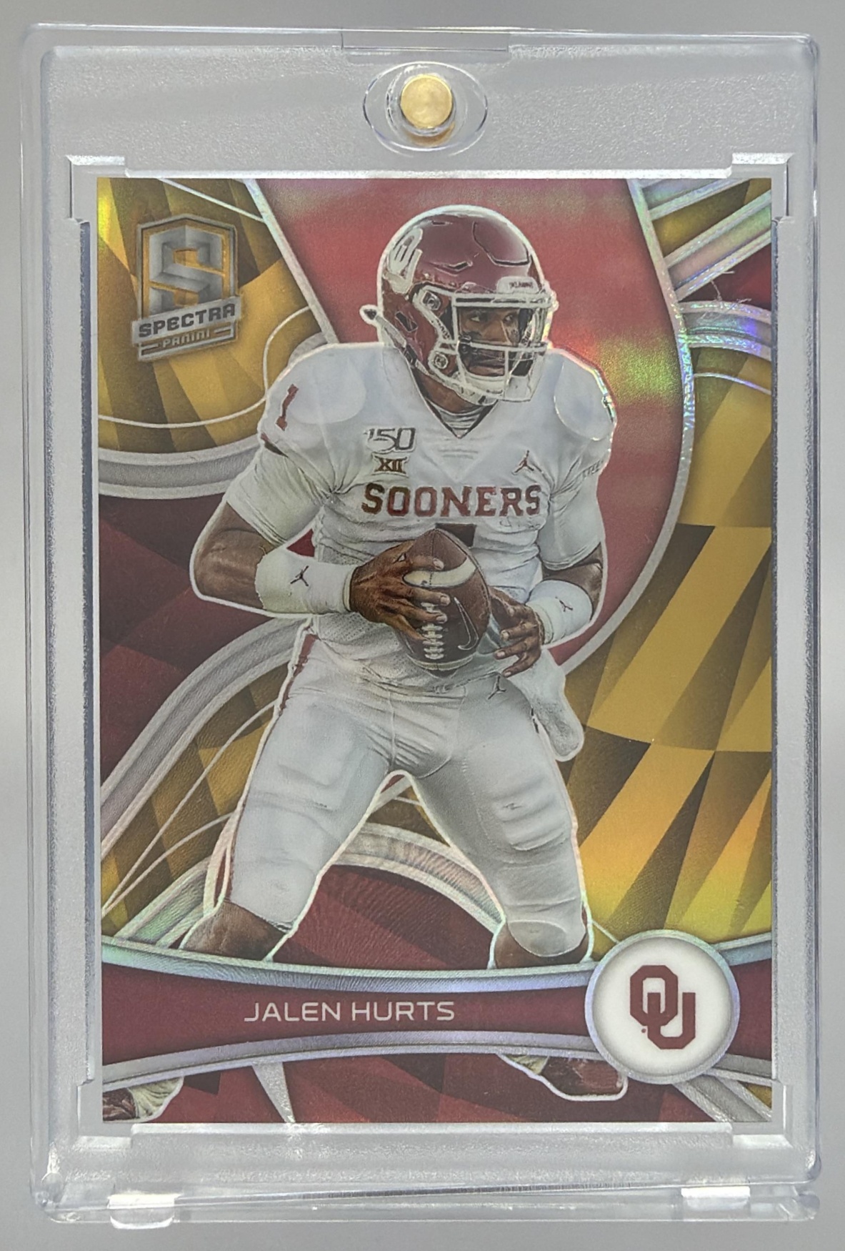 Card image for 2023 Panini Chronicles Draft Picks Jalen Hurts Spectra Gold /10 #72 Sooners