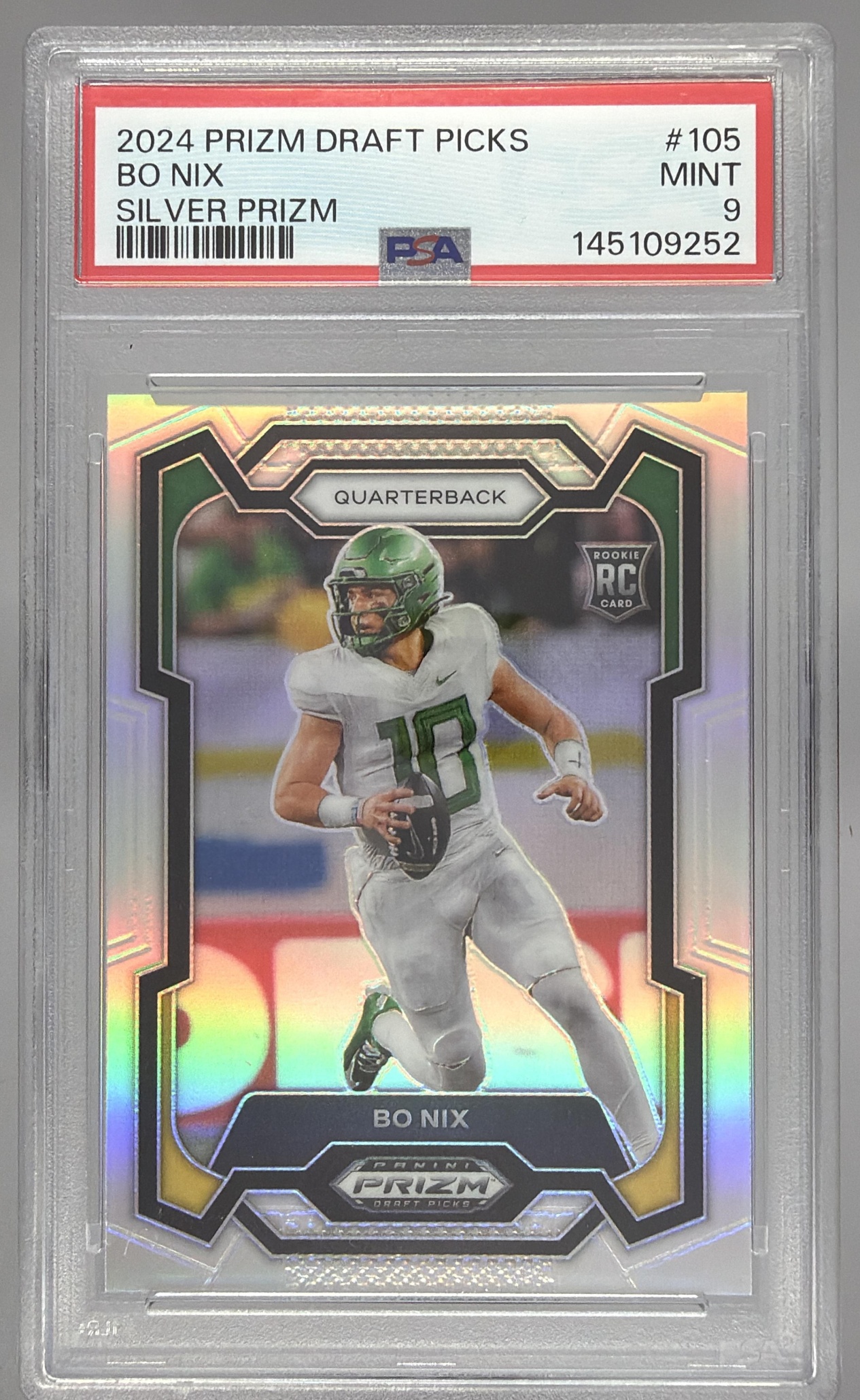 Card image for 2024 Panini Prizm Collegiate Draft Picks Bo Nix Silver #105 RC Ducks