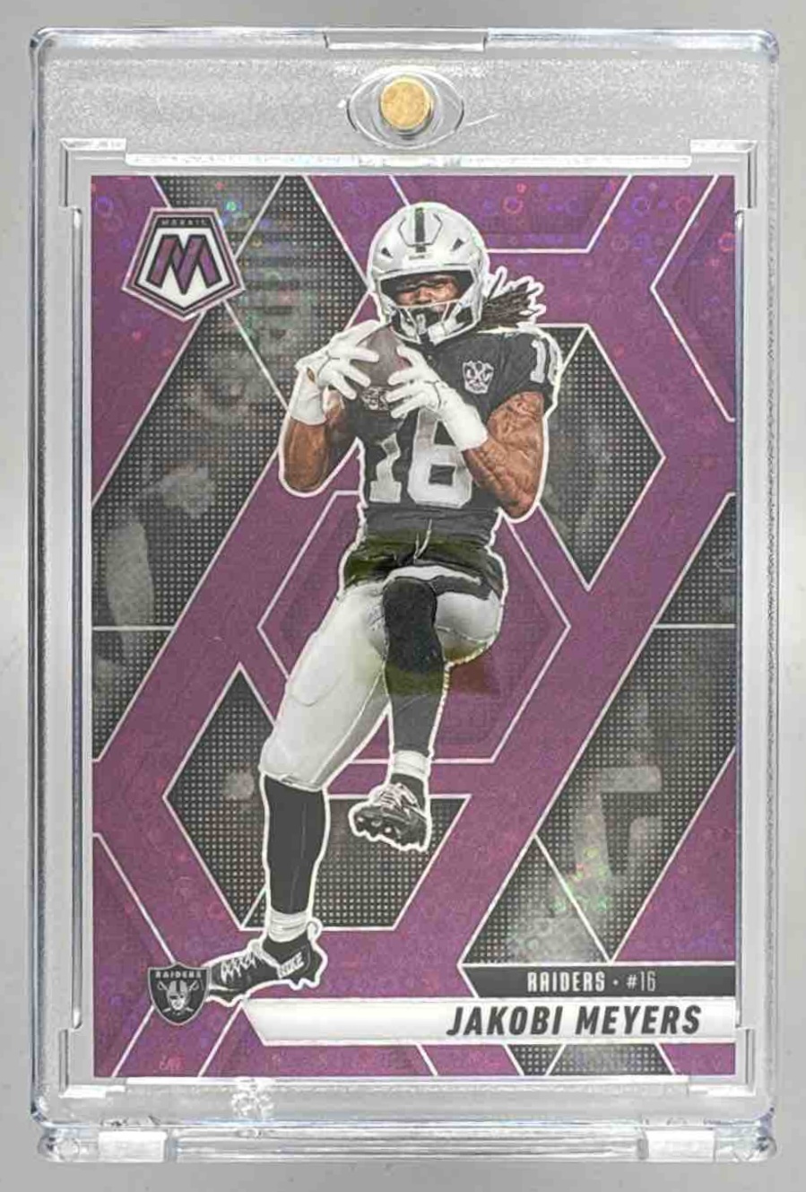 Card image for 2025 Panini Mosaic Jakobi Meyers No Huddle Purple Prizm /50 #62 Raiders
