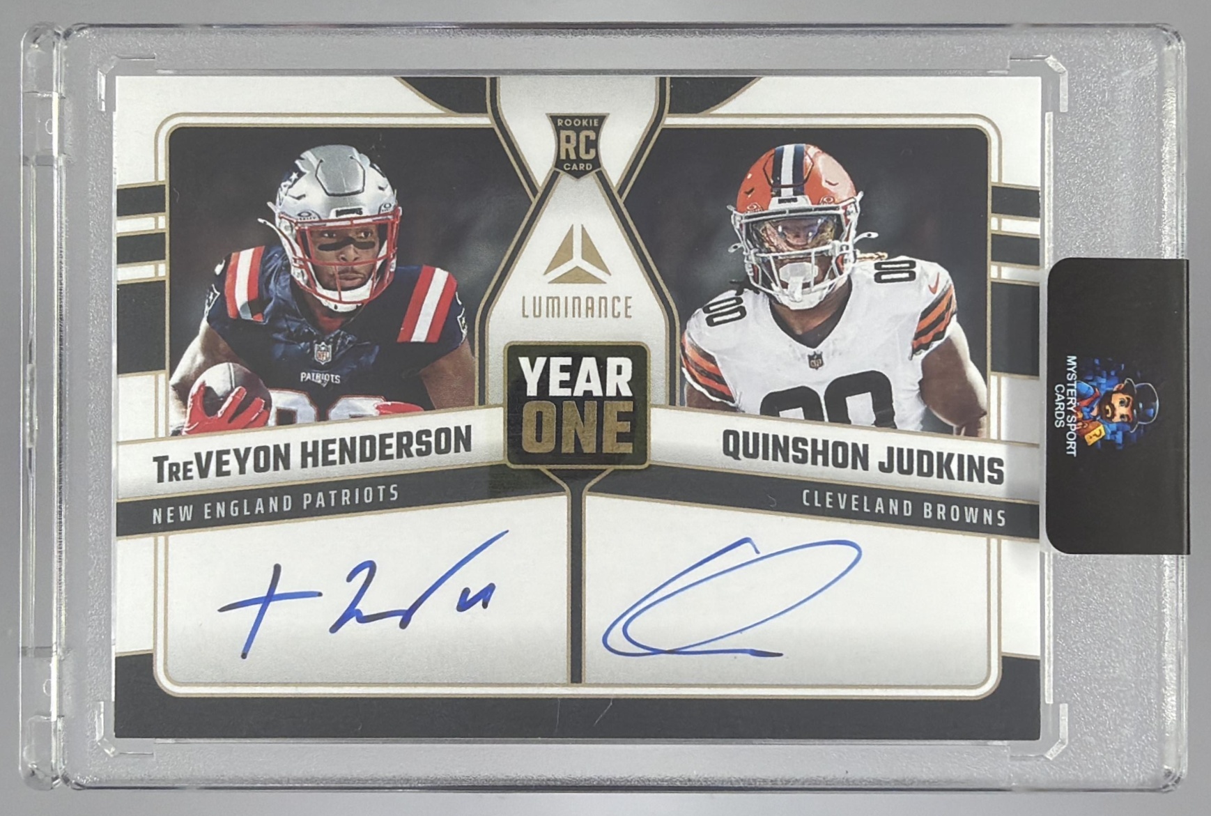Card image for 2025 Panini Luminance TreVeyon Henderson Quinshon Judkins Year One Dual Auto #YOD-THQJ RC