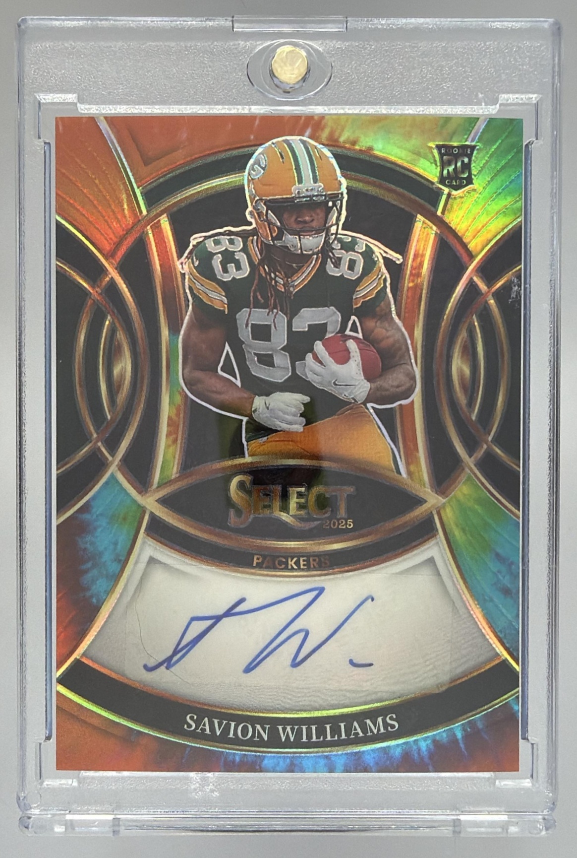 Card image for 2025 Panini Select Savion Williams Rookie Signatures Tie-Dye Prizm /25 #RSI-SWS Auto Packers