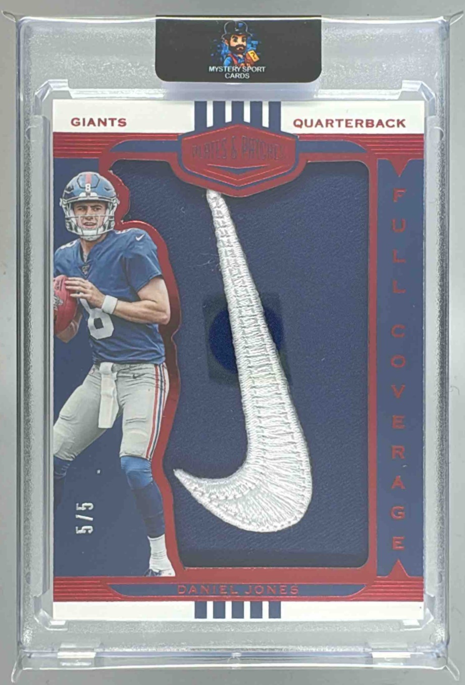 Card image for 2019 Panini Plates & Patches Daniel Jones Full Coverage Relics Red /5 #FC2 RC Giants