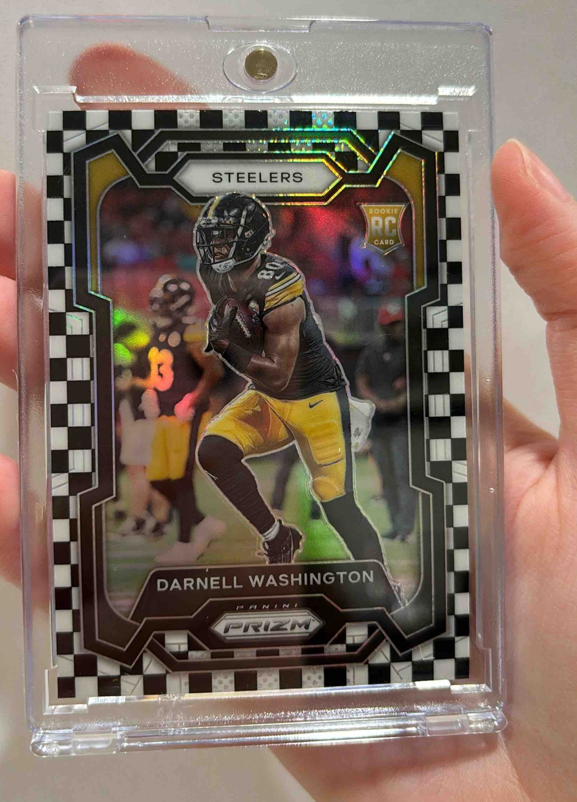 Card image for 2023 Panini Prizm Darnell Washington Black and White Checker #384 RC Steelers