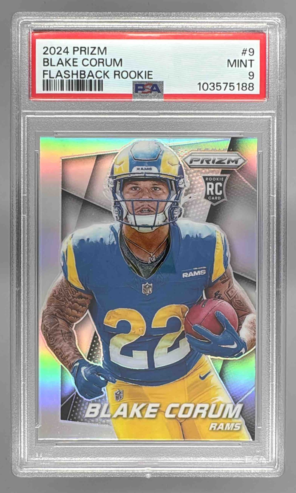 Card image for 2024 Panini Prizm Blake Corum Flashback Rookie Silver #9 RC Rams