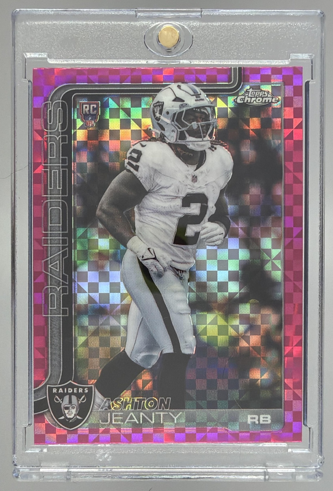Card image for 2025 Topps Chrome Ashton Jeanty Rookie Hot Pink X-Fractor #322 RC Raiders