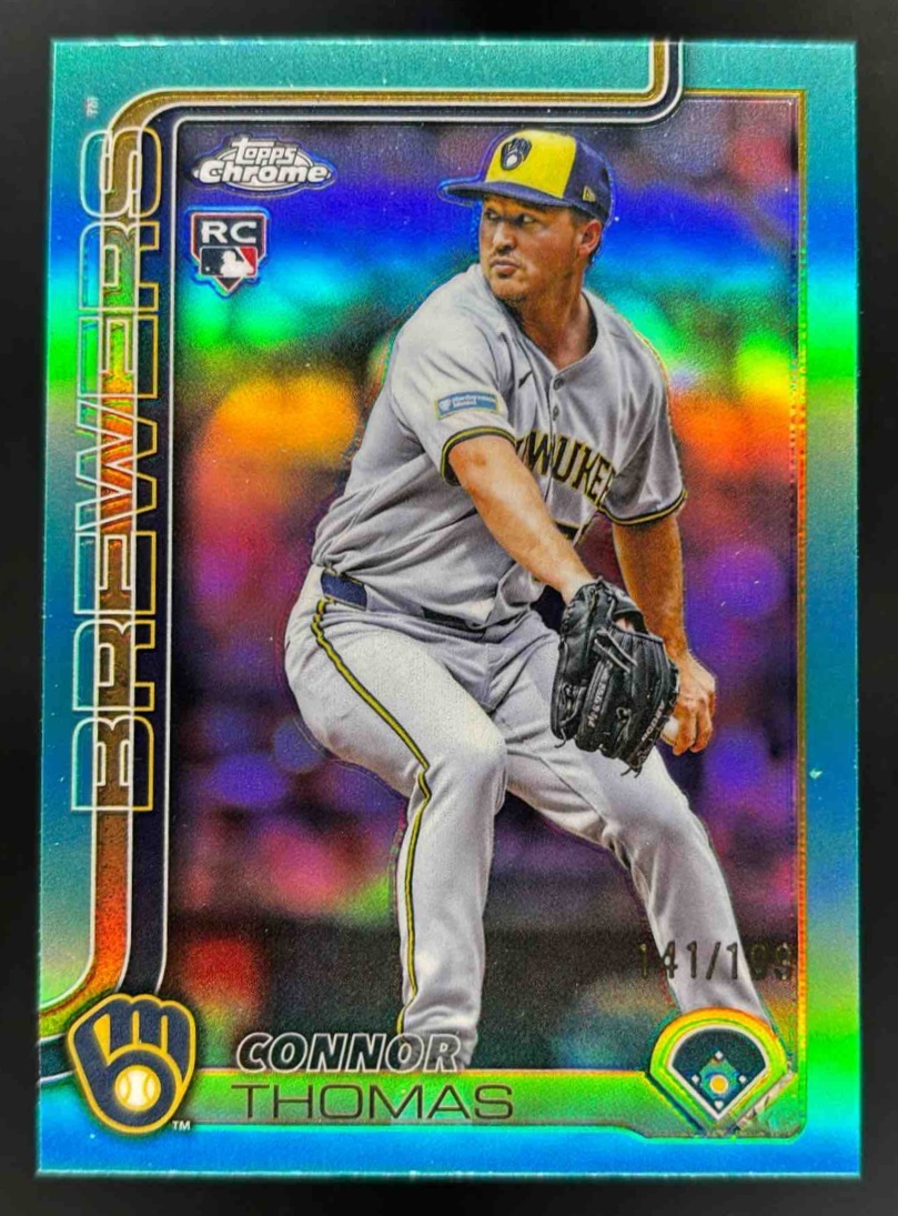 Card image for 2025 Topps Chrome Update Connor Thomas Aqua Refractor /199 #USC192 RC Brewers