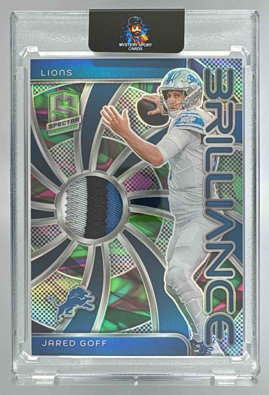 Card image for 2024 Panini Spectra Jared Goff Brilliance Marble Neon /4 #BRI-JGF Lions