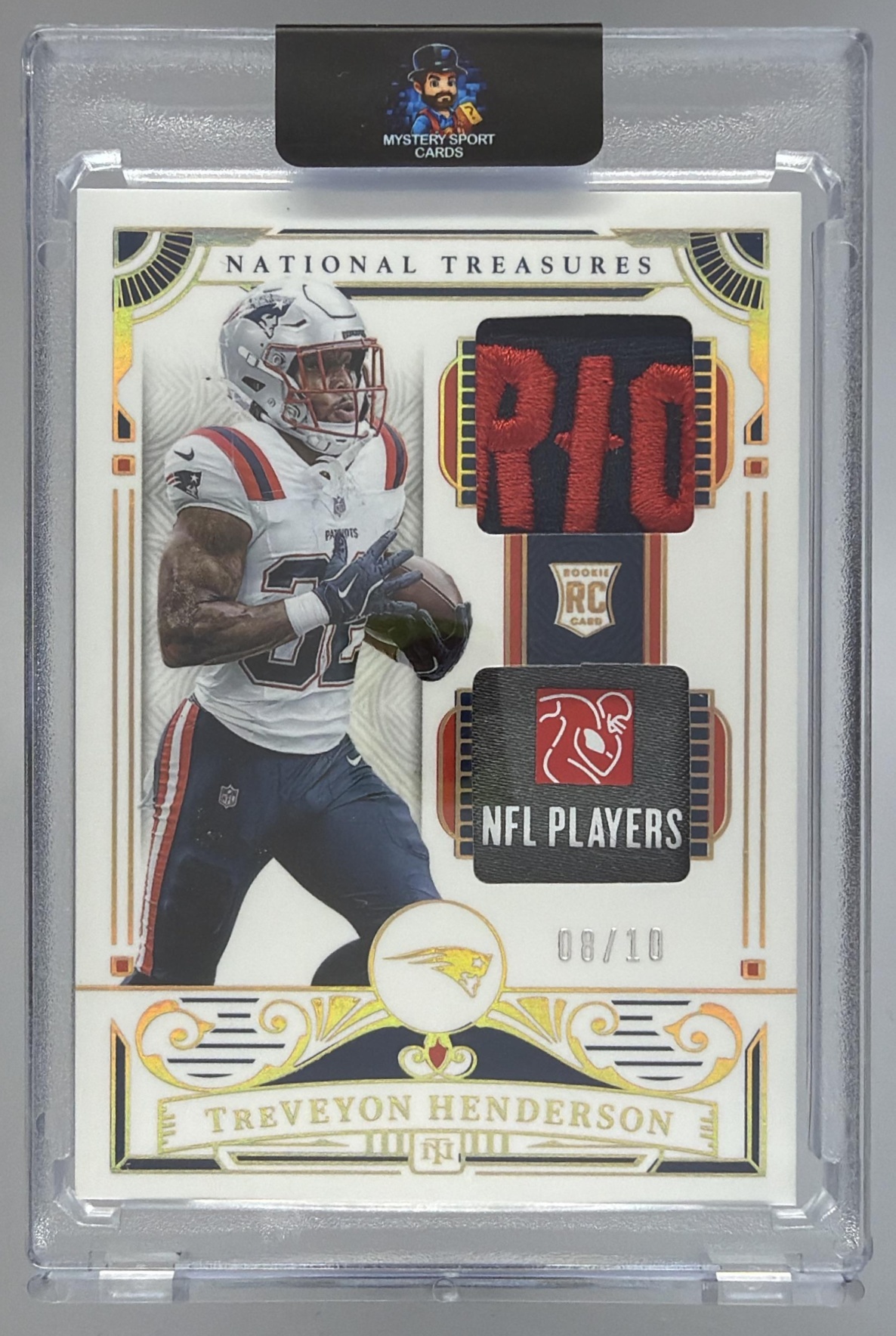 Card image for 2025 Panini National Treasures TreVeyon Henderson Rookie Dual Materials Purple /49 #10 MEM RC Patriots