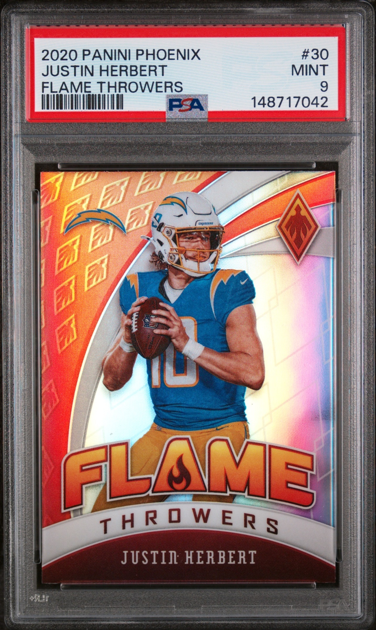 Card image for 2020 Panini Phoenix Justin Herbert Flame Throwers #30 RC Chargers