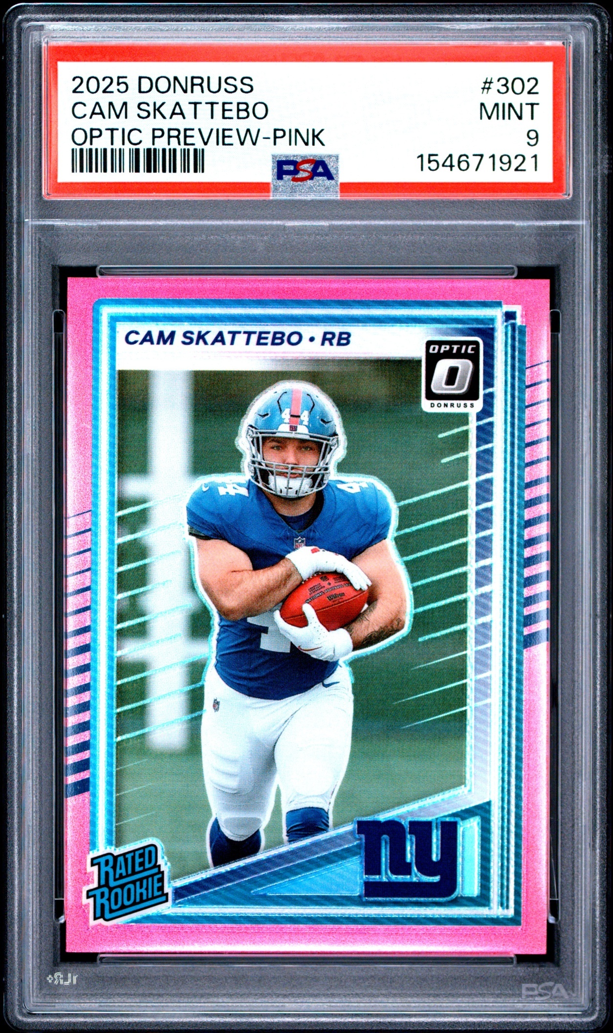 Card image for 2025 Panini Donruss Cam Skattebo Optic Rated Rookie Preview Red & Green #302 RC Giants