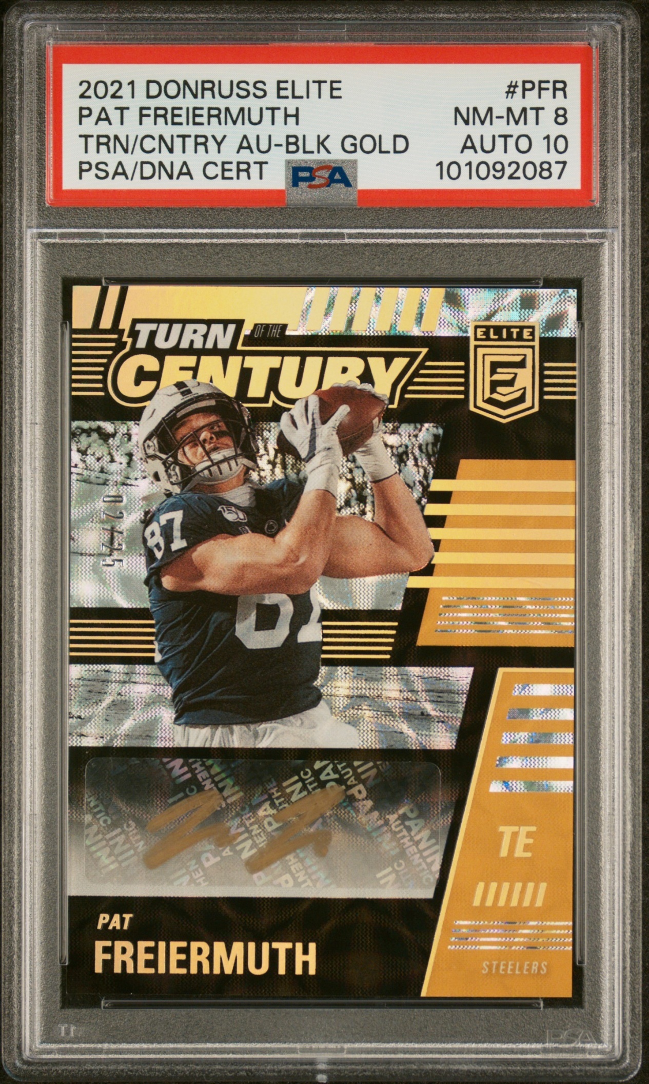 Card image for 2021 Panini Donruss Elite Pat Freiermuth Turn of the Century Auto Black Gold /25 #TTC-PFR RC Steelers