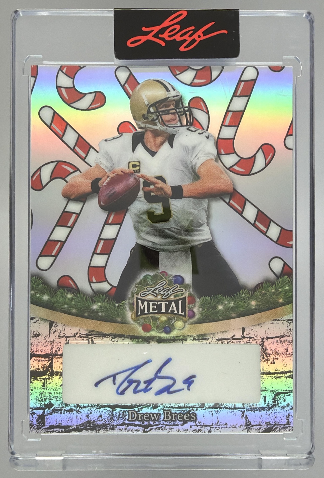 Card image for 2025 Leaf Metal Happy Holidays Drew Brees Auto Snowflake Candy Cane /15 #BA-DB1
