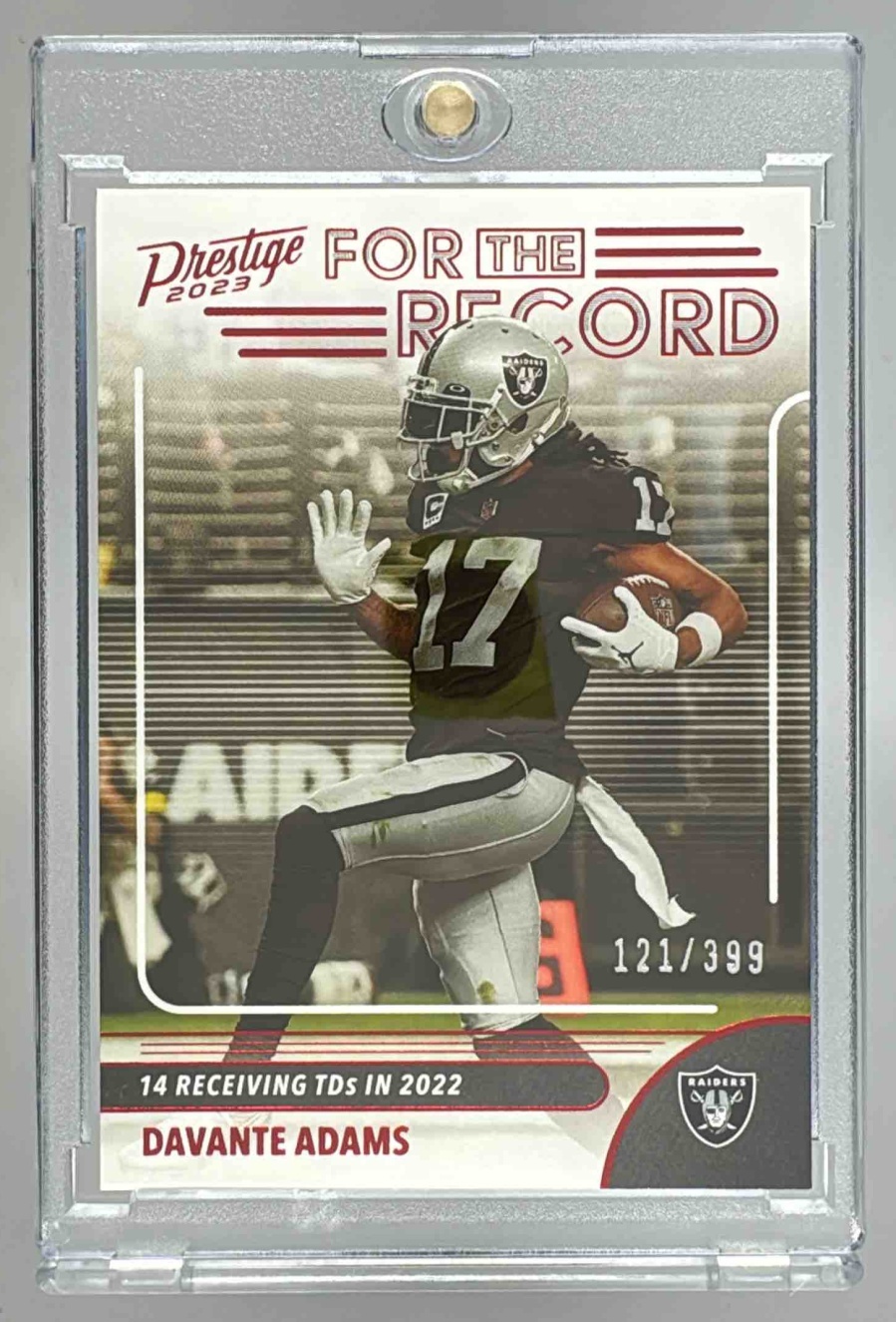 Card image for 2023 Panini Prestige Davante Adams For the Record Xtra Points Red /399 #8 Raiders